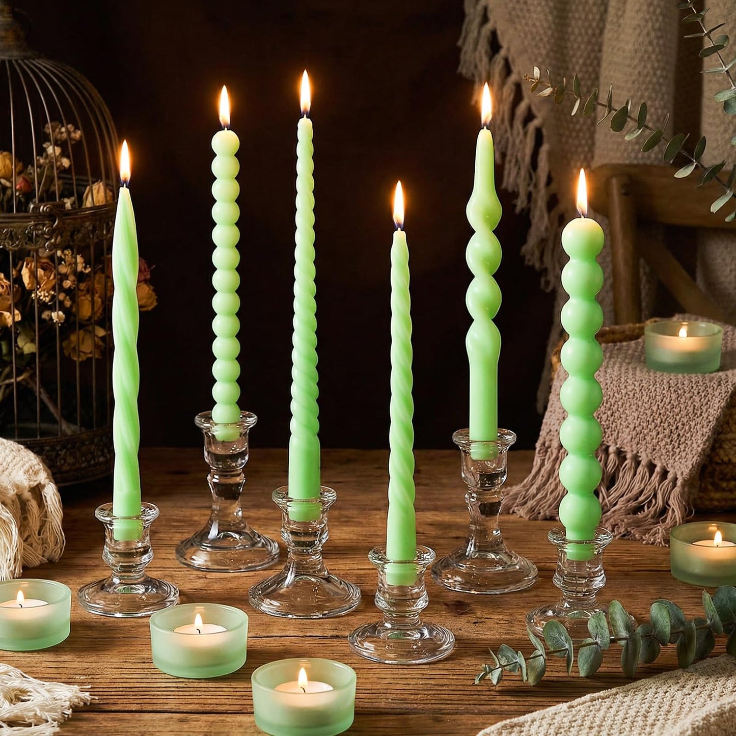 Conelist 10 Inch Green Twisted Taper Candles Set of 6, Tall Smokeless Twisted Candlesticks for Wedding Holiday Birthday Home Party Decorations