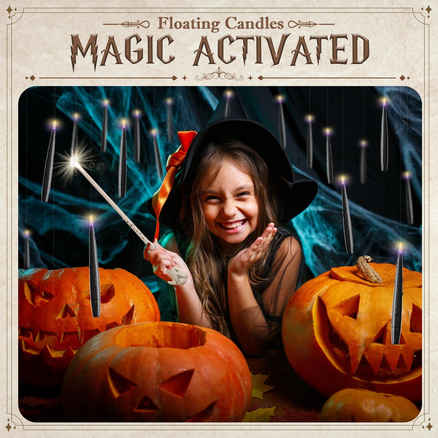 JOIONE Floating Candles with Wand, 12 Pack Hanging Candles with Magic Wand Remote, Battery Powered Floating Candles with Wand, Flameless Magic Hanging Taper Candles for Xmas Halloween Decor, Black