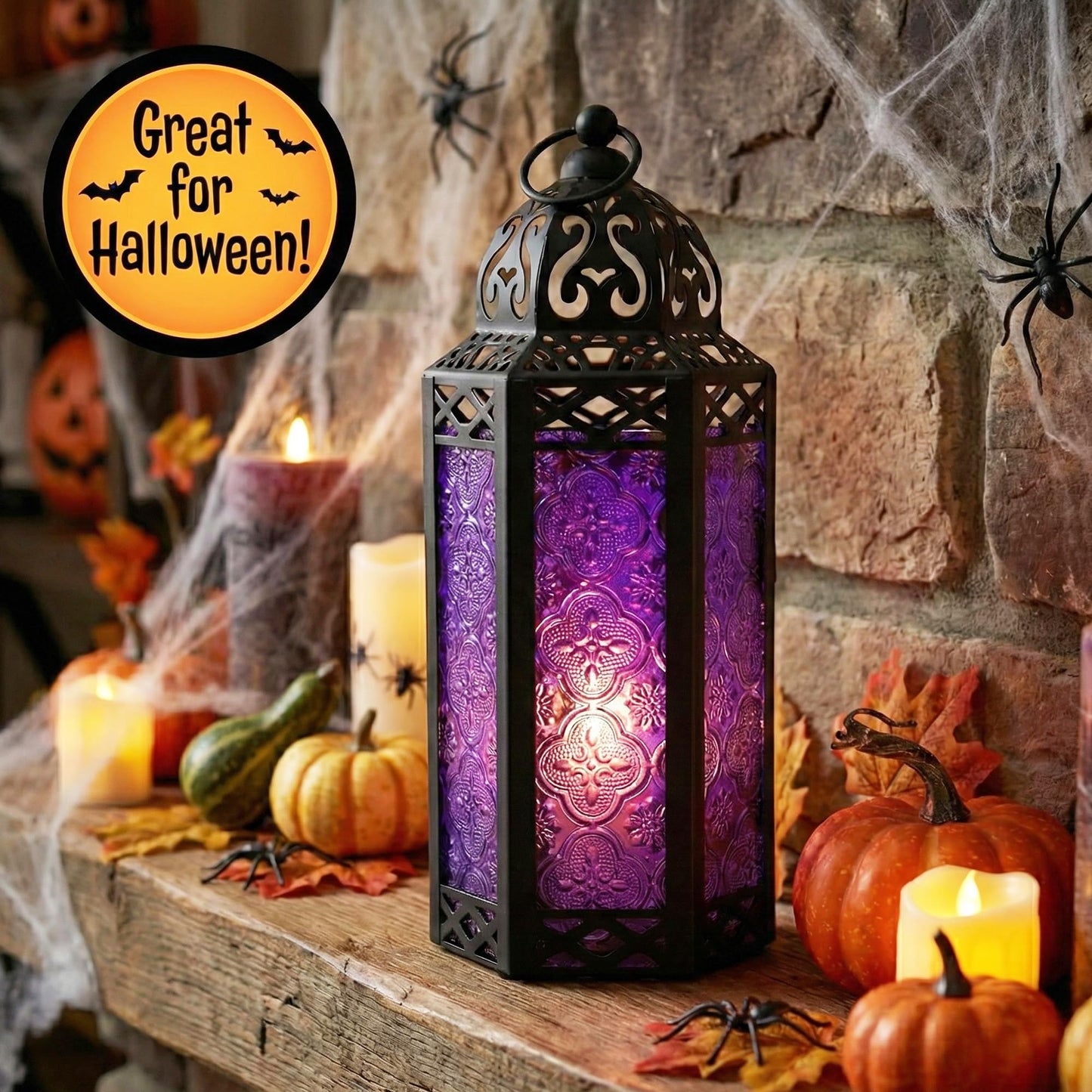 Vela Lanterns Candle Holder Gothic Decor Moroccan Candle Lantern, Whimsical Dark Purple Iron Hanging Lamp for Bedroom Table, Whimsigoth Witch Room Decor, Halloween Indoor Centerpiece, Medium 11.5"