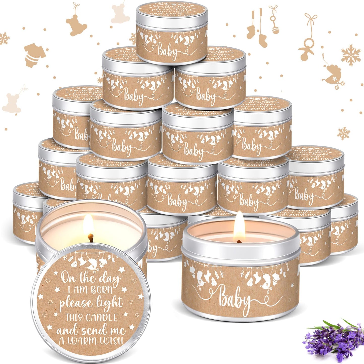 MTLEE 24 Pcs Kraft Paper Baby Shower Party Favors Candles Lavender Scented Baby Shower Favors for Guests Rustic Tealights Candles Gender Reveal Return Gifts (1.2 oz, Khaki)