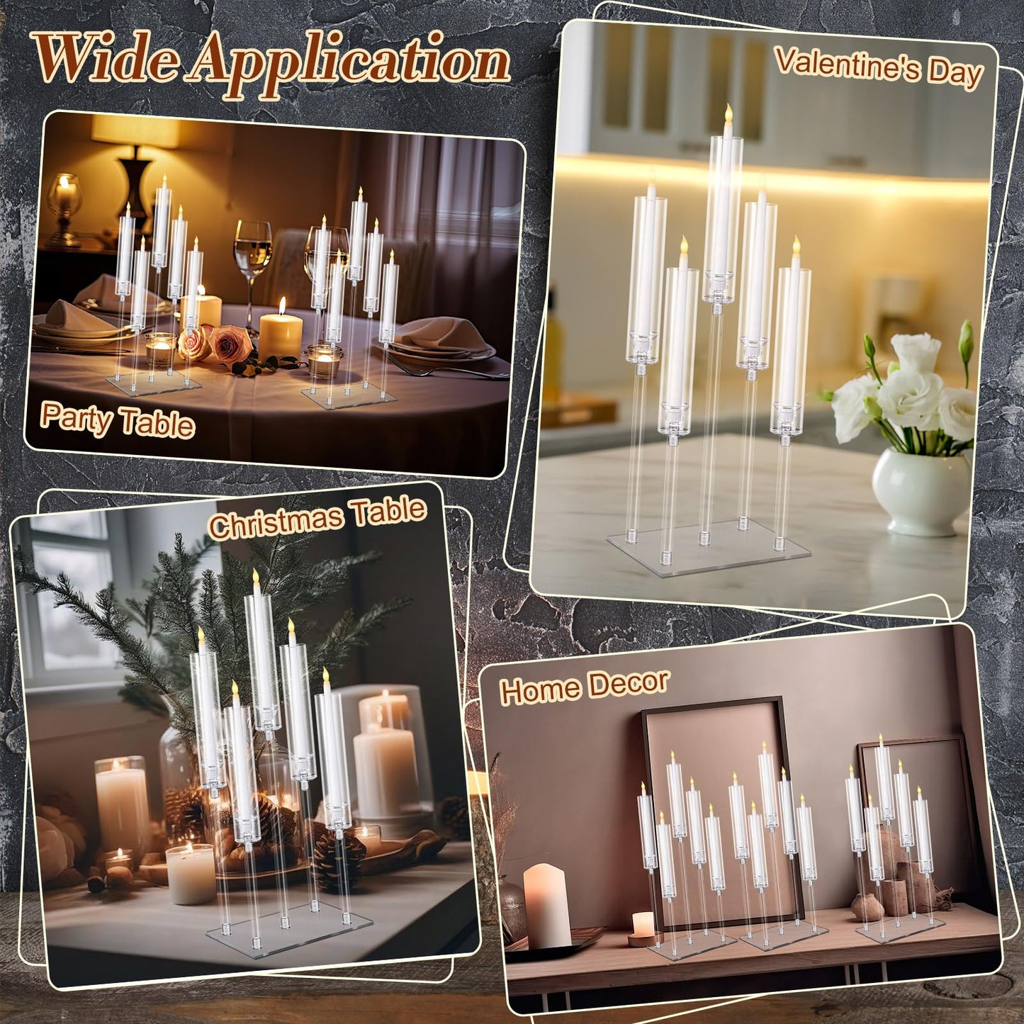 Hushee 4 Set 5 Arms Acrylic Candelabras Centerpieces with 20 Pcs LED Candles Clear Candle Holder Crystal Taper Candlestick with Rectangular Base for Dinner Party Table Fireplace Wedding Decoration