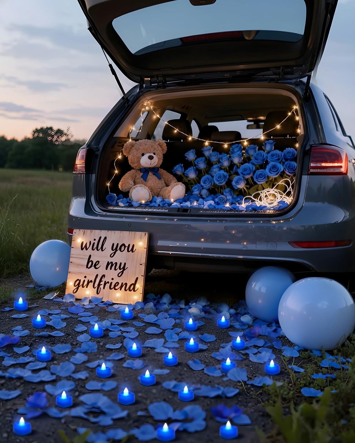 Amagic 1000 Pieces Blue Artificial Rose Petals with 12 Blue Heart LED Tea Lights, Rose Petals, and Candles Set for Proposal, Anniversary, Romantic Night, Wedding Decor