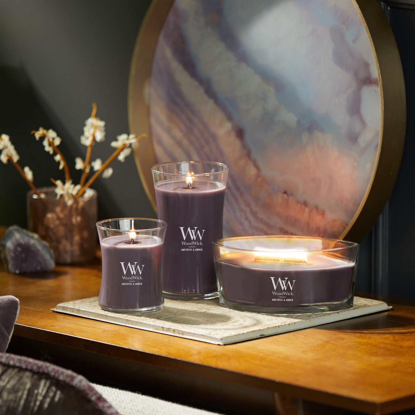 WoodWick Amethyst & Amber Gifts for Women and Men, 21.5 oz Large Hourglass Candle with Crackling Wick