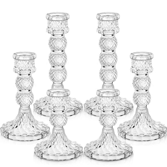 Mumufy 6 Pack Glass Taper Candle Holders Clear Candlestick Holder Fit 0.8 Inch Candles 4'' 6'' 8'' Tall Crystal Decorative Candlestick Stand Centerpiece for Table Wedding Dining Party (Vintage)