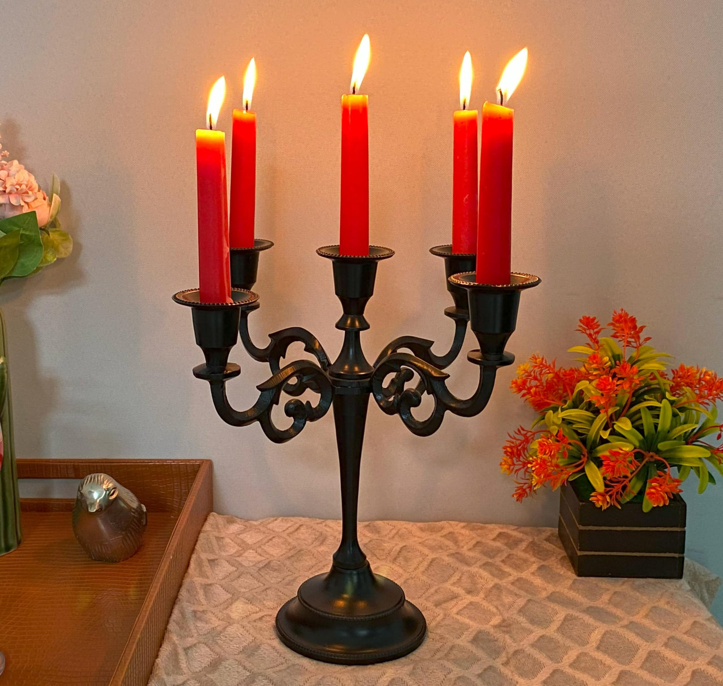 Rely+ 5 Arm Matte Black Candelabra Taper Candle Holders Decorations Indoor Kitchen Décor Table Candles Candlestick Candelabra Centerpiece Gothic Home Decor Wedding 10 Inch Tall