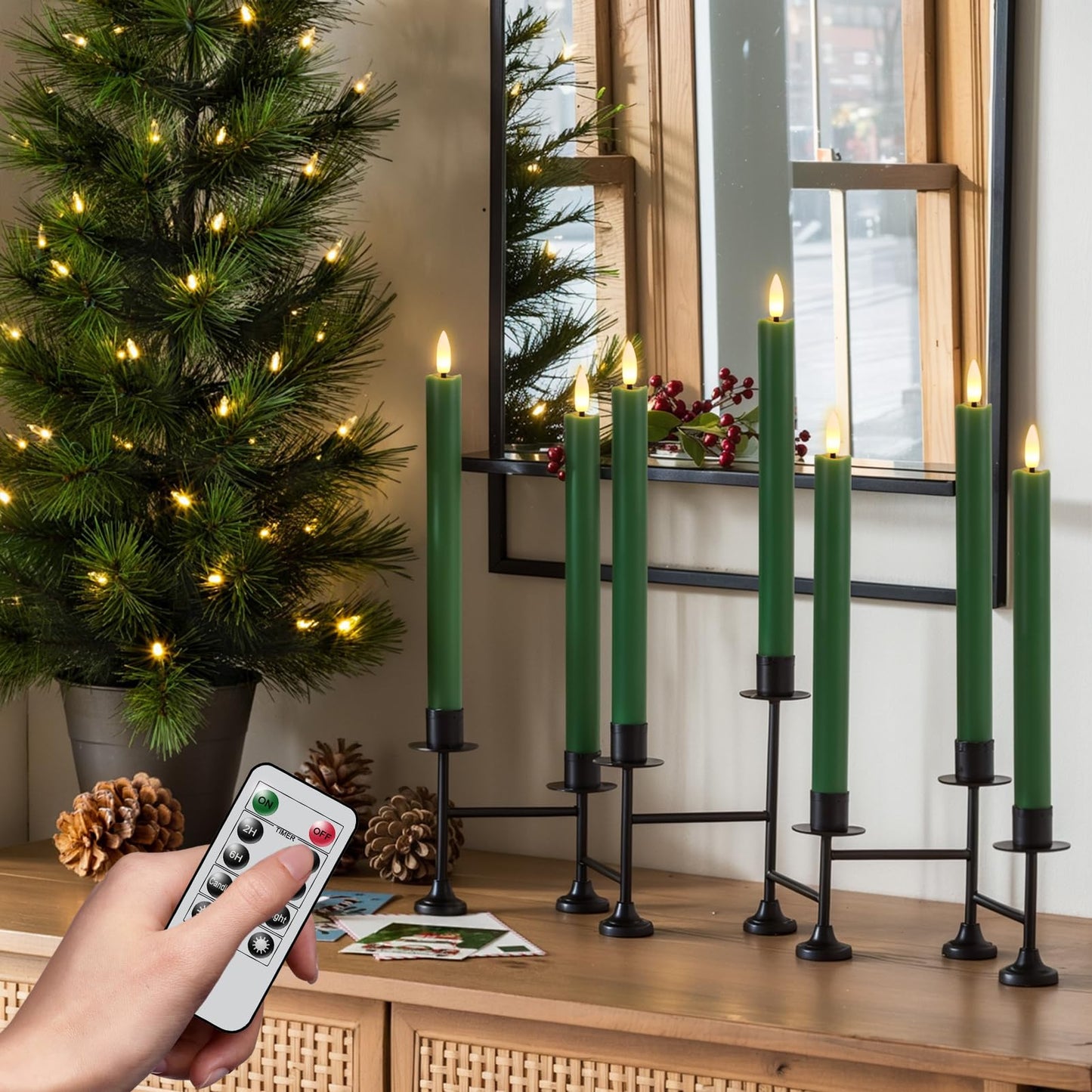 GenSwin FlamelessTaper Candles Flickering with 10-Key Remote, Battery Operated Led Warm 3D Wick Light Window Candles Real Wax Pack of 3, Christmas Home Wedding Decor(Green, 0.78 X 9.64 Inch)