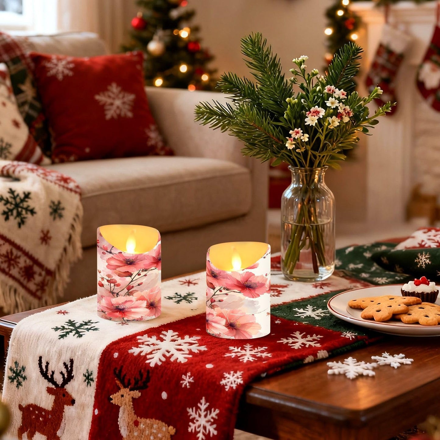 ALAZA Leaves Red White Flower Flickering Flameless Candles Battery Operated with Remote Timer,Tea Light Candles LED Pillar Votive Set of 2 for Outdoor Indoor Decorations 3" x5.9"