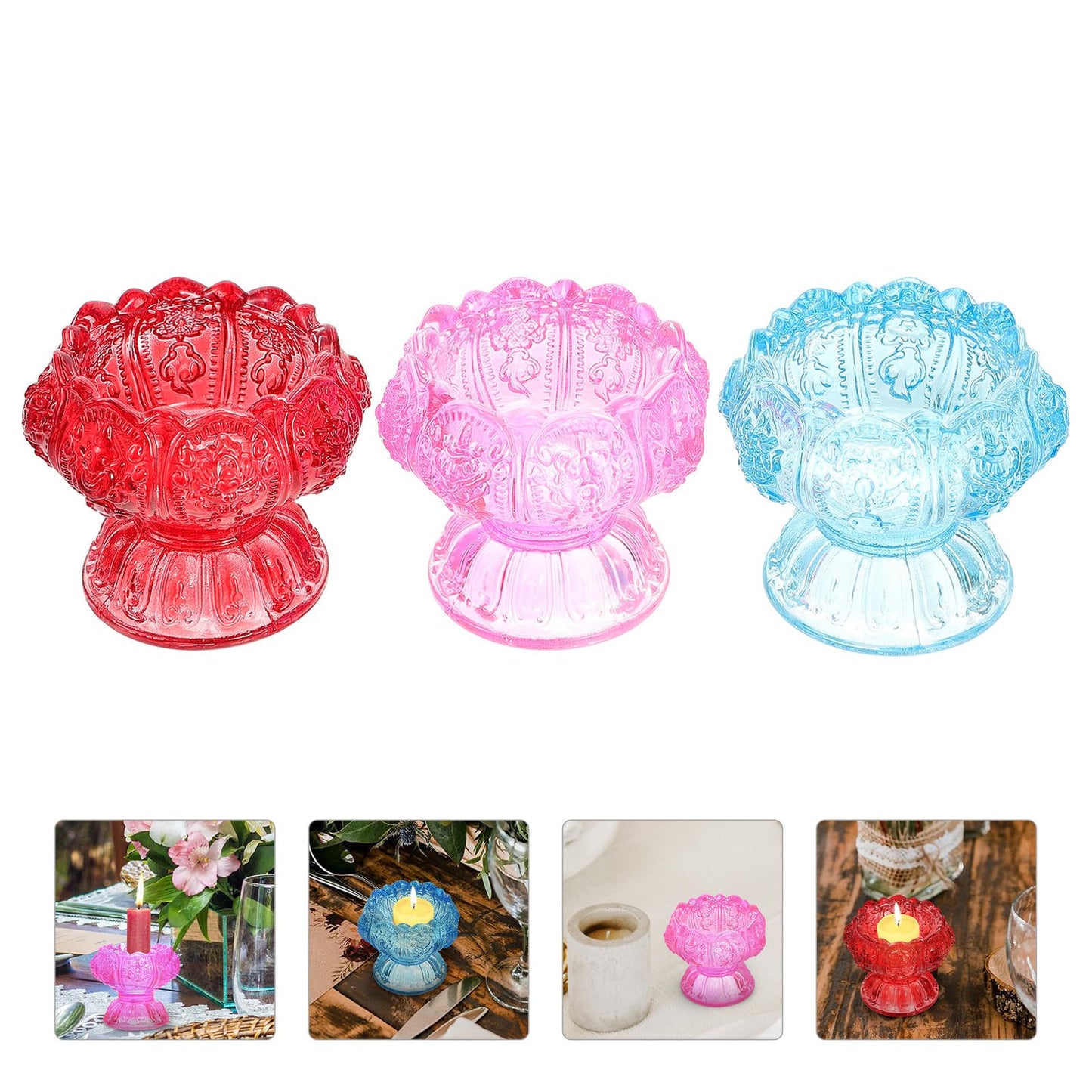 Alipis 3pcs High Base Glass Candleholders Set, Religious Butter Lamp Candle Holders with Blue, Red, and Pink Small Crystal Glass Tealight Stands for Home Décor and Spiritual Use