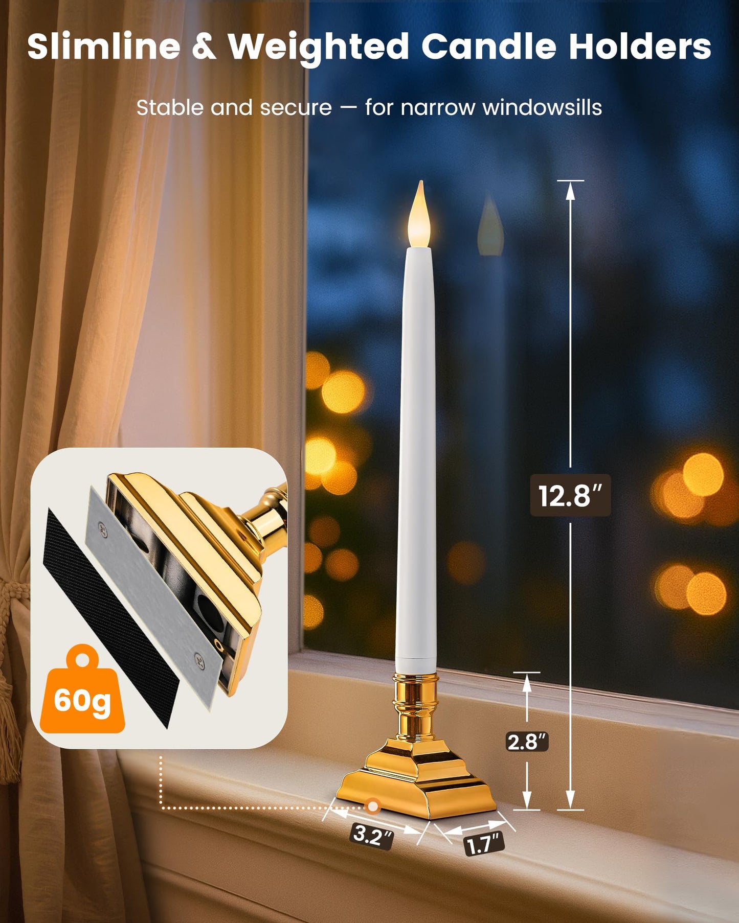 SURAIELEC 10.5'' Battery Window Taper Candles with Timer, 3000K Warm White, Flameless LED Candle for Christmas Window, Mantel, Dining Table, Gloss Gold, 4 Pack (Rechargeable Battery Not Compatible)