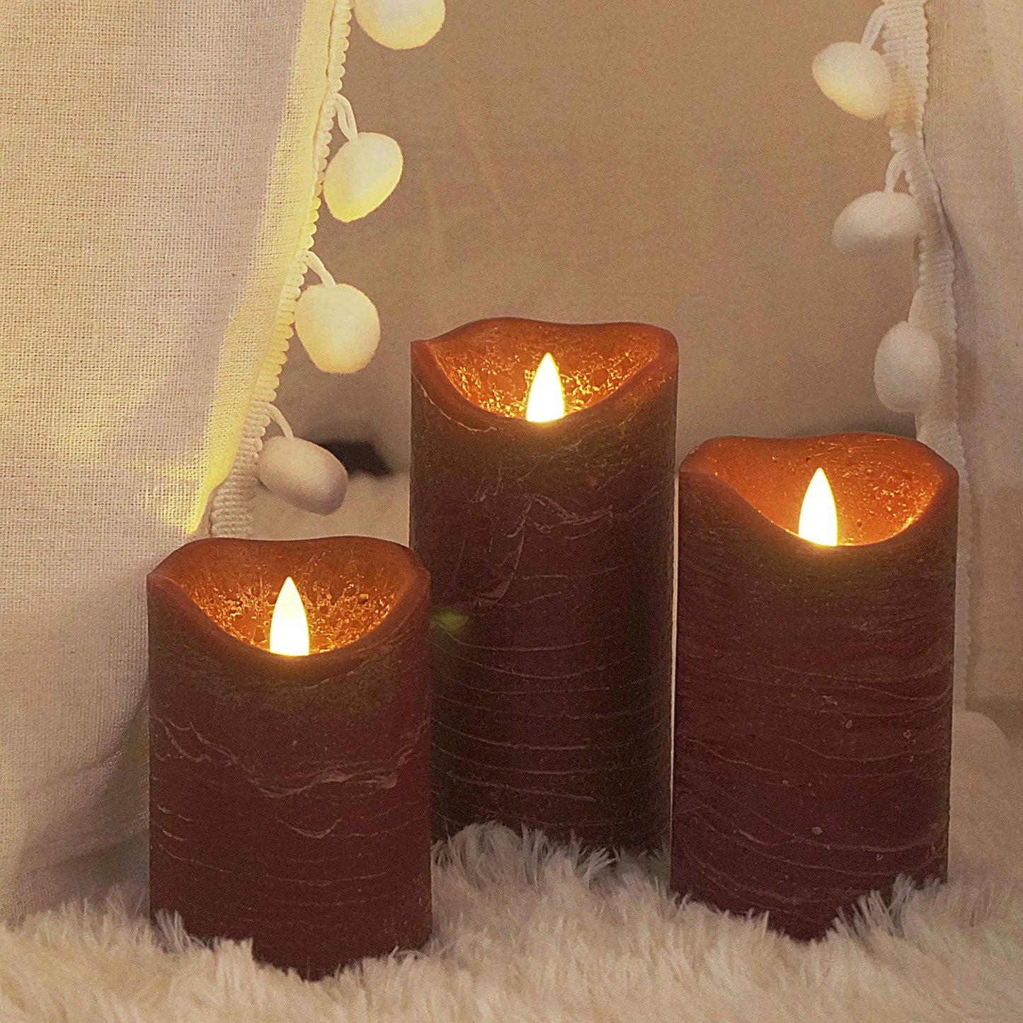 iZAN 3 Pack Real Wax Flameless Candles Battery Operated LED Pillar Flickering Realistic Electric Candle Gift Sets with Remote Control and Cycling 24 Hours Timer 3”D X 4" 5" 6" H (Burgundy)