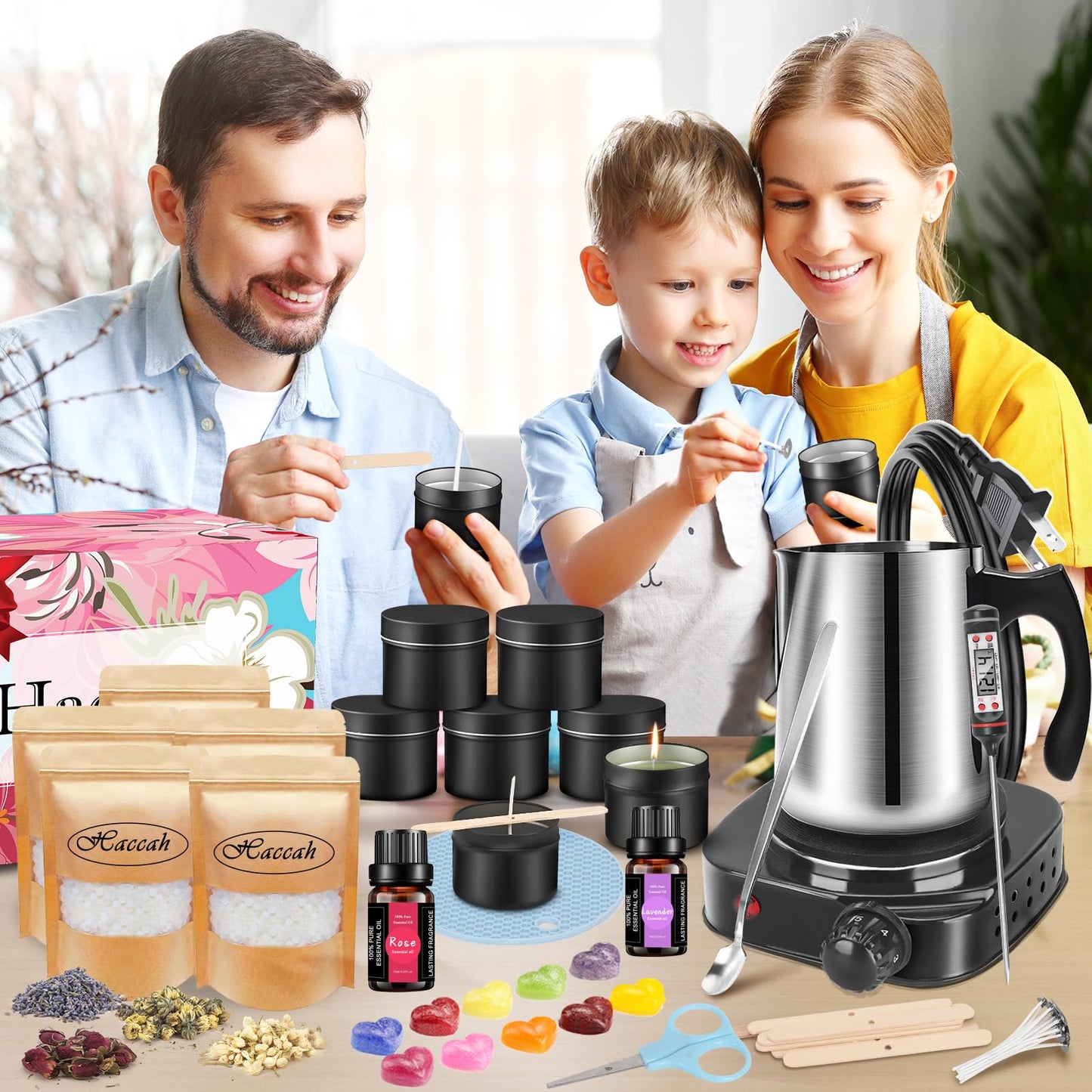 Haccah Candle Making Kit with Wax Melter, DIY Arts&Crafts Gift for Adults,Beginners,Candle Making Supplies,Including Electronic Stove, Rich Scents,Wicks, Candle tins, Dyes, Stickers, Melting Pot