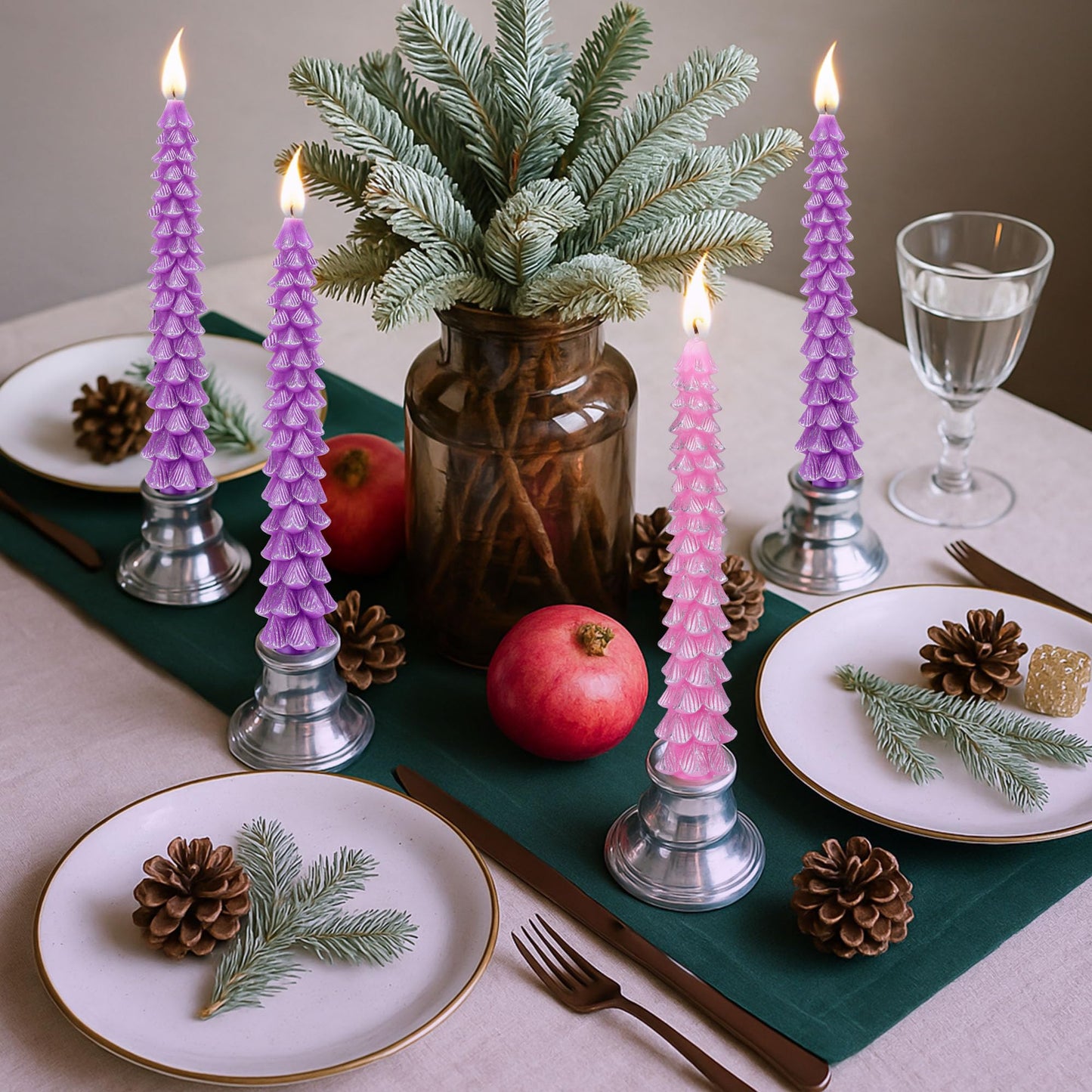 Enhon 4 Pcs Advent Candles Set, 10 Inch Tree Shaped Taper Candles, Unscented Beeswax Christmas Advent Wreath Candle for Xmas, Holiday, Church, Party, or Home Decor (Silver Rim,Purple,Pink)