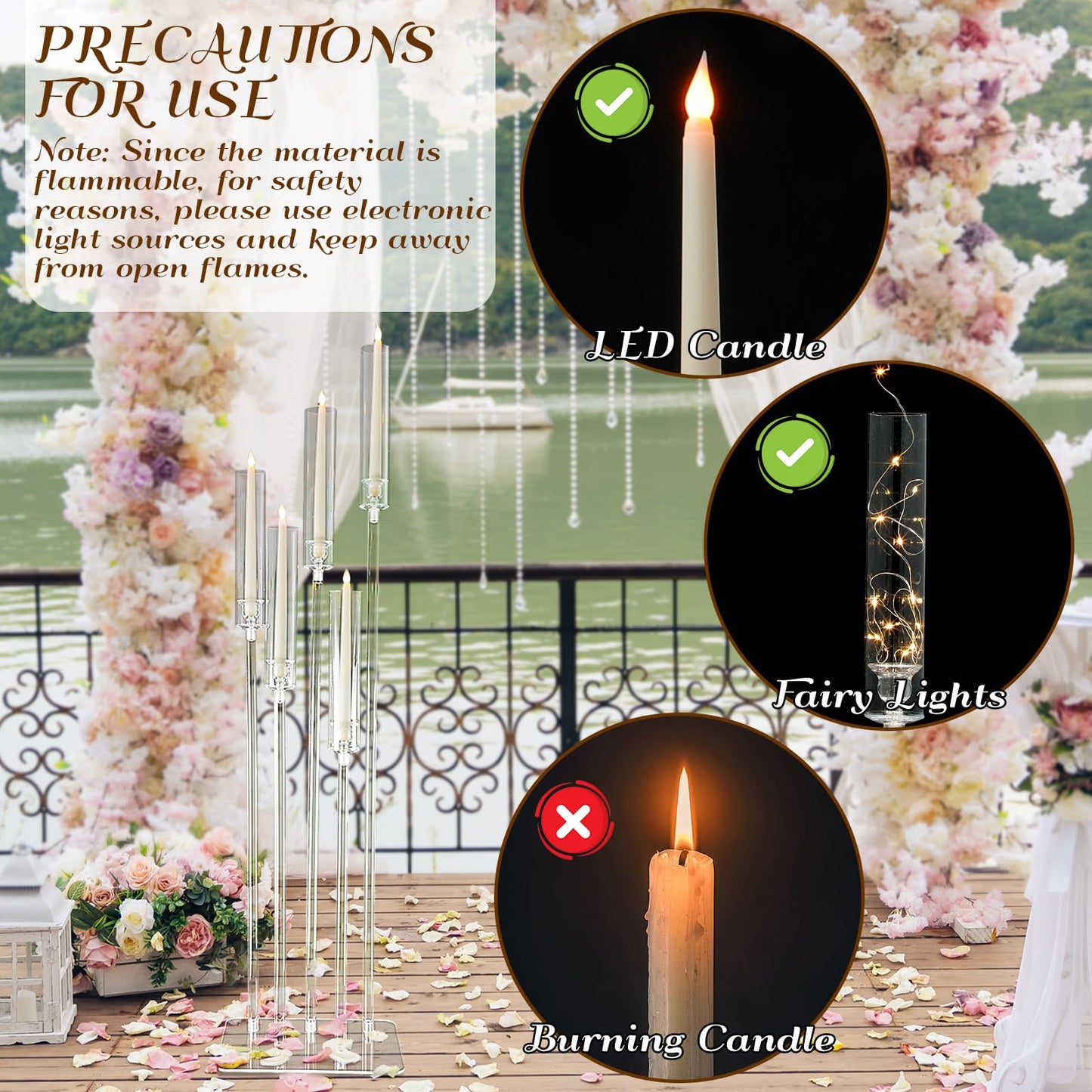 Tessco for you 2 Set 5 Arms Acrylic Candelabra Centerpieces 46.4'' Tall Clear Candle Holders Wedding Table Centerpiece Floor Candle Stand with Acrylic Shade Fit 0.8'' LED Candles for Home Party