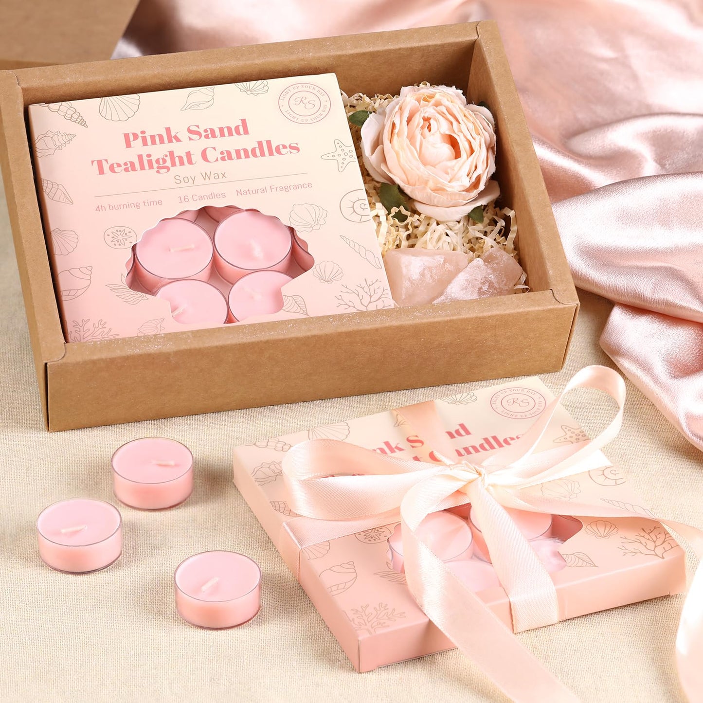 16Pcs Pink Sand Scented Tealight Candles, Pink Soy Wax Tea Lights with Essential Oils, 4h Long Burning Tea Light Candles for Spa, Romantic Decor, Meditation, Dinner, and Home Decor