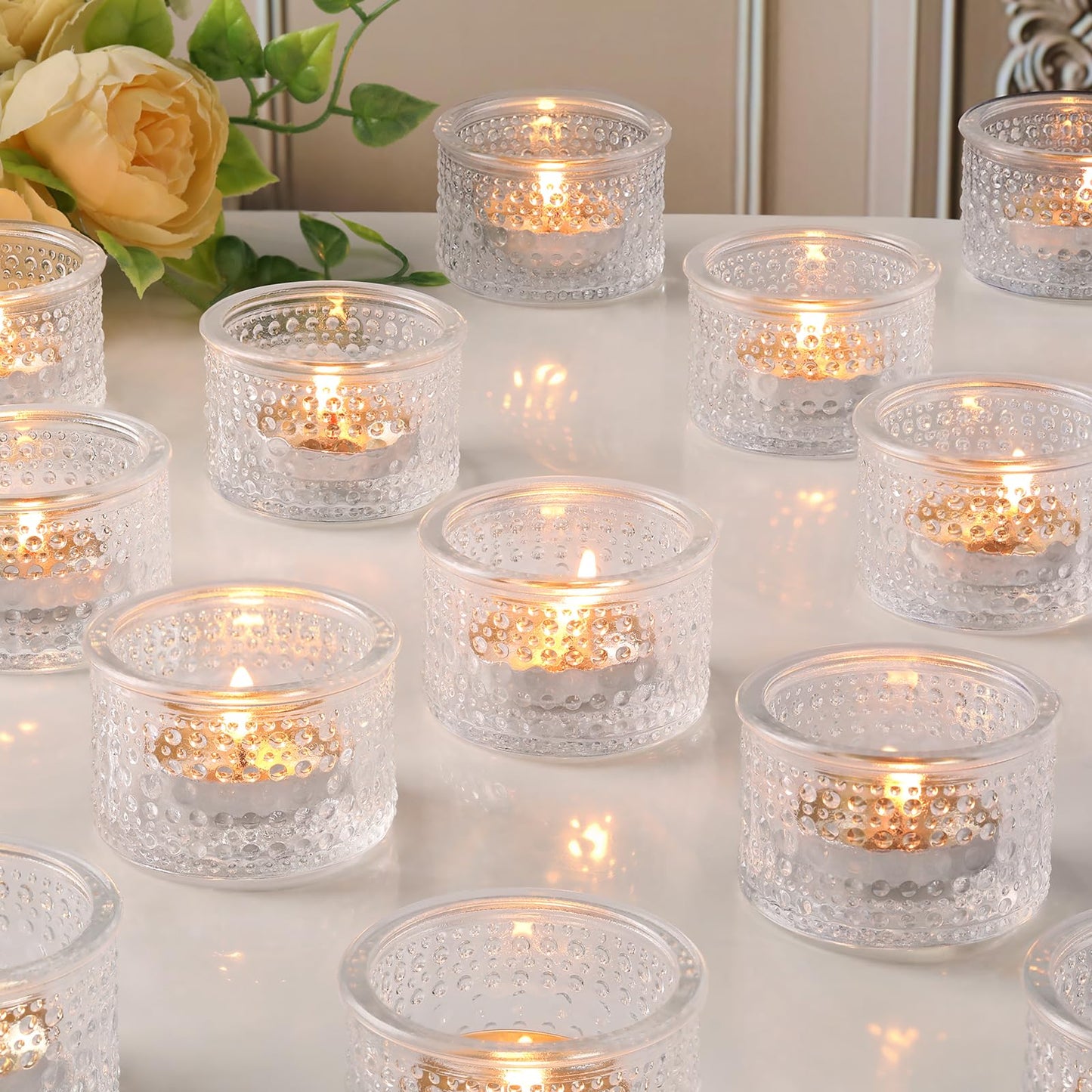 NITIME 30Pcs Clear Votive Candle Holders, Tealight Candle Holder Glass for Wedding Decorations, Polka Dot Glass Candle Holder forTable Centerpiece, Home and Party Decor