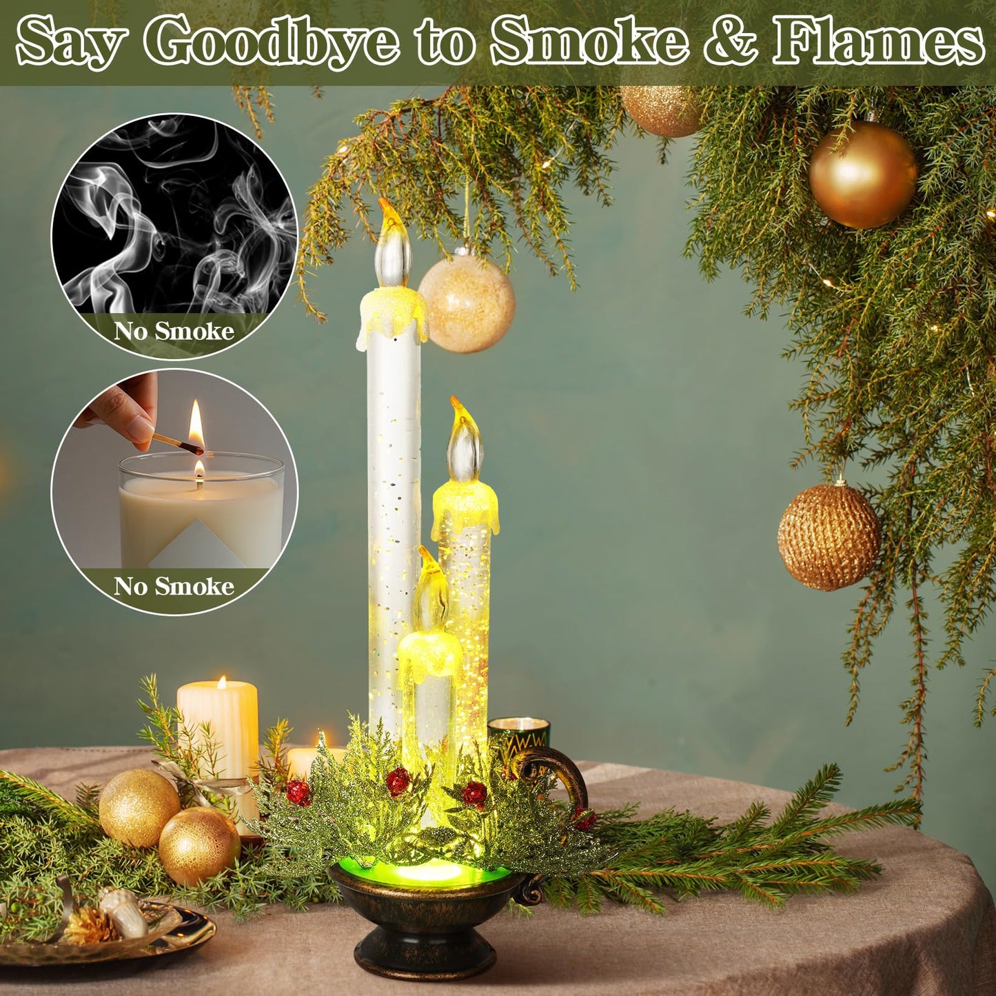 VIHOSE Christmas Snow Globe Candle Flickering Flameless Candle Christmas Lighted LED Battery Operated Glittering Snow Globe for Decorations Thanksgiving Festival Table Decor