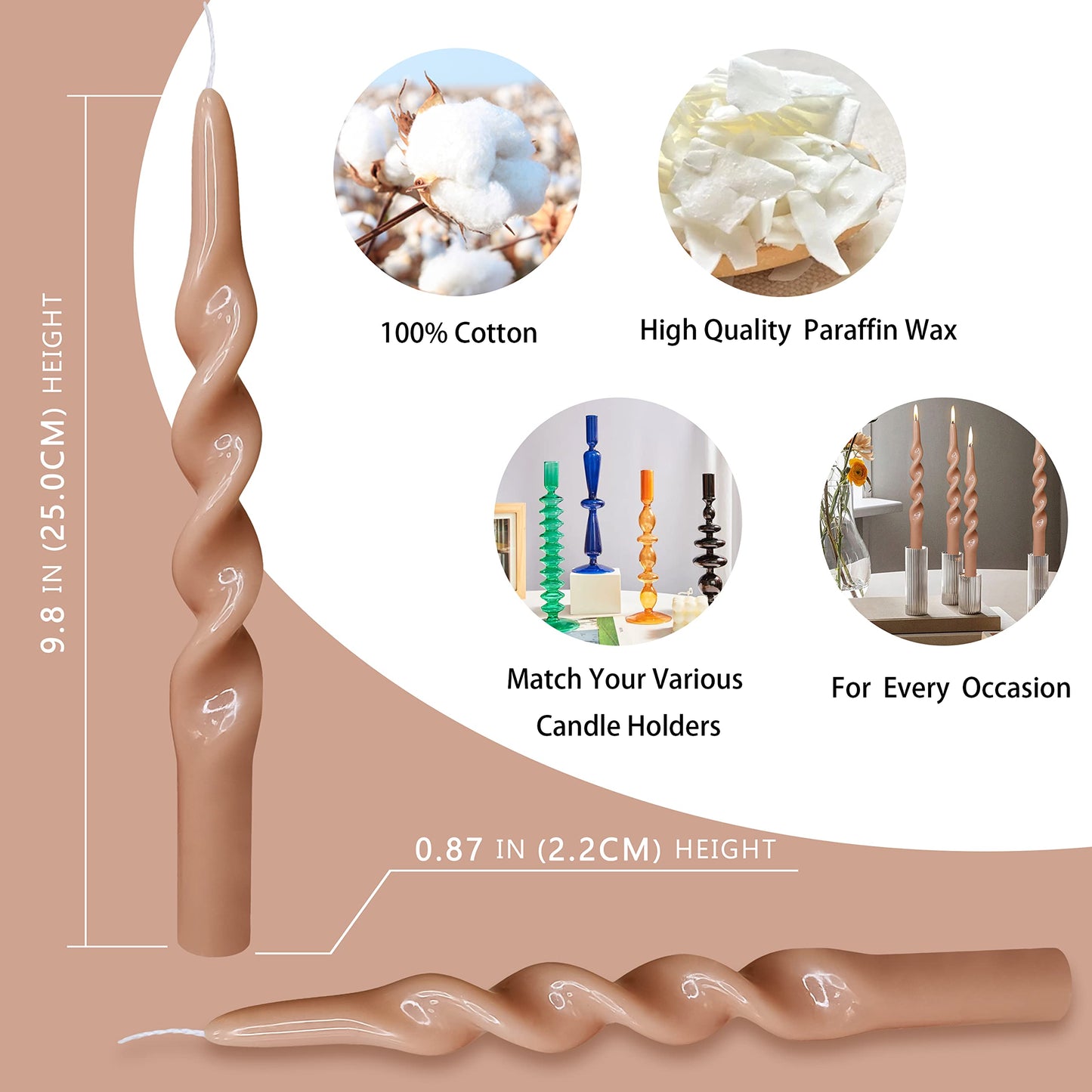 10 Inch Spiral Candles Set of 4 – Unscented Candle Stick, Brown Handmade Tapered Candle Long Burning Twisted Candles for Wedding Dinner Table Home Decor