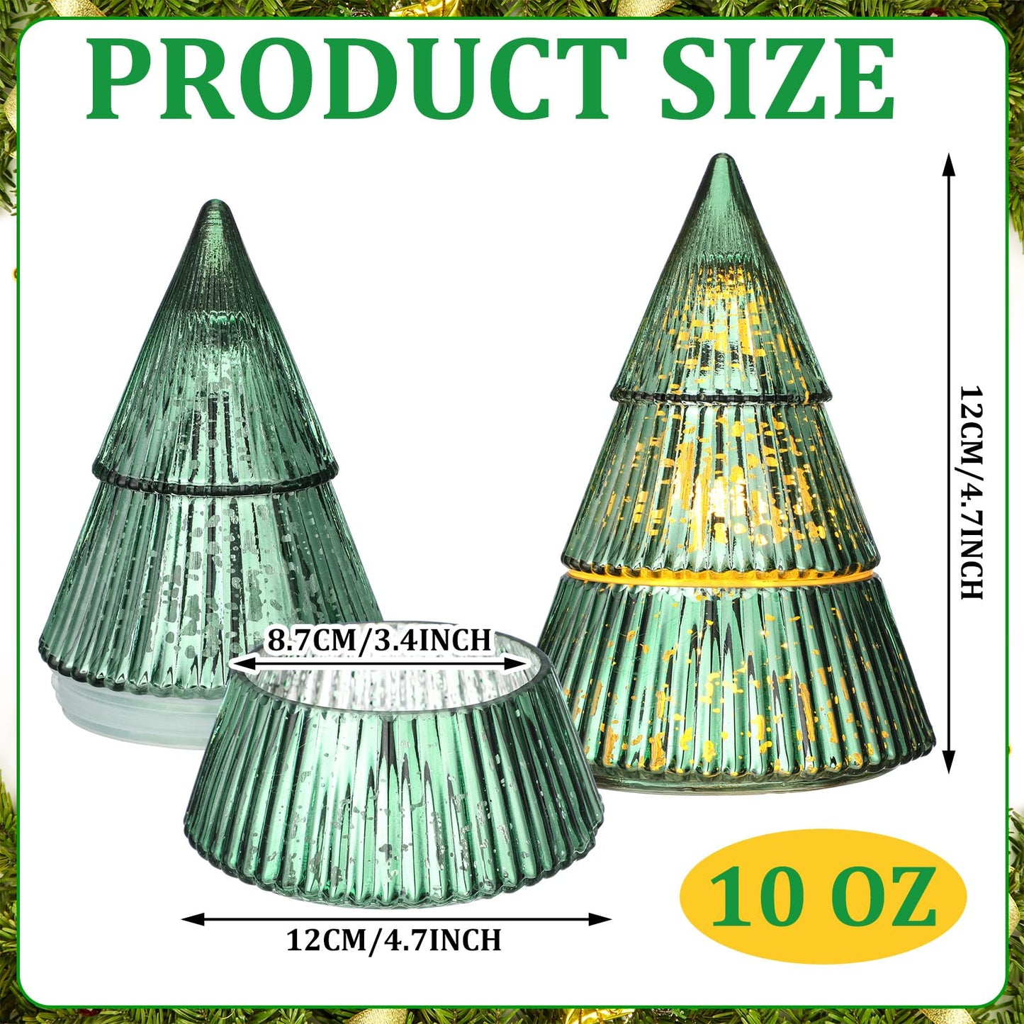 Vesici 3 Pcs 10 oz Christmas Tree Glass Candle Jars Mercury Glass Tree Decorative Xmas Empty Containers Bulk Refillable Storage for Christmas Holiday Candle Making Tea Biscuits Party Favors(Green)