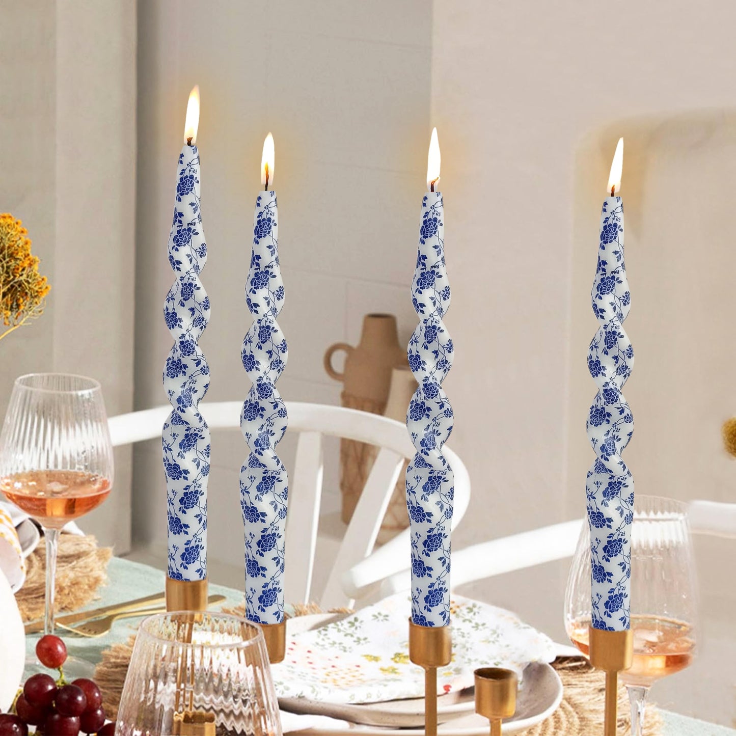 Flowers Printed Spiral Candles Unscented Twisted Candlestick Smokeless 2 PCS Blue Long Taper Candle 10 inch Twisted Candle Sticks Tapered Candles for Home Wedding Dinner Holiday Party