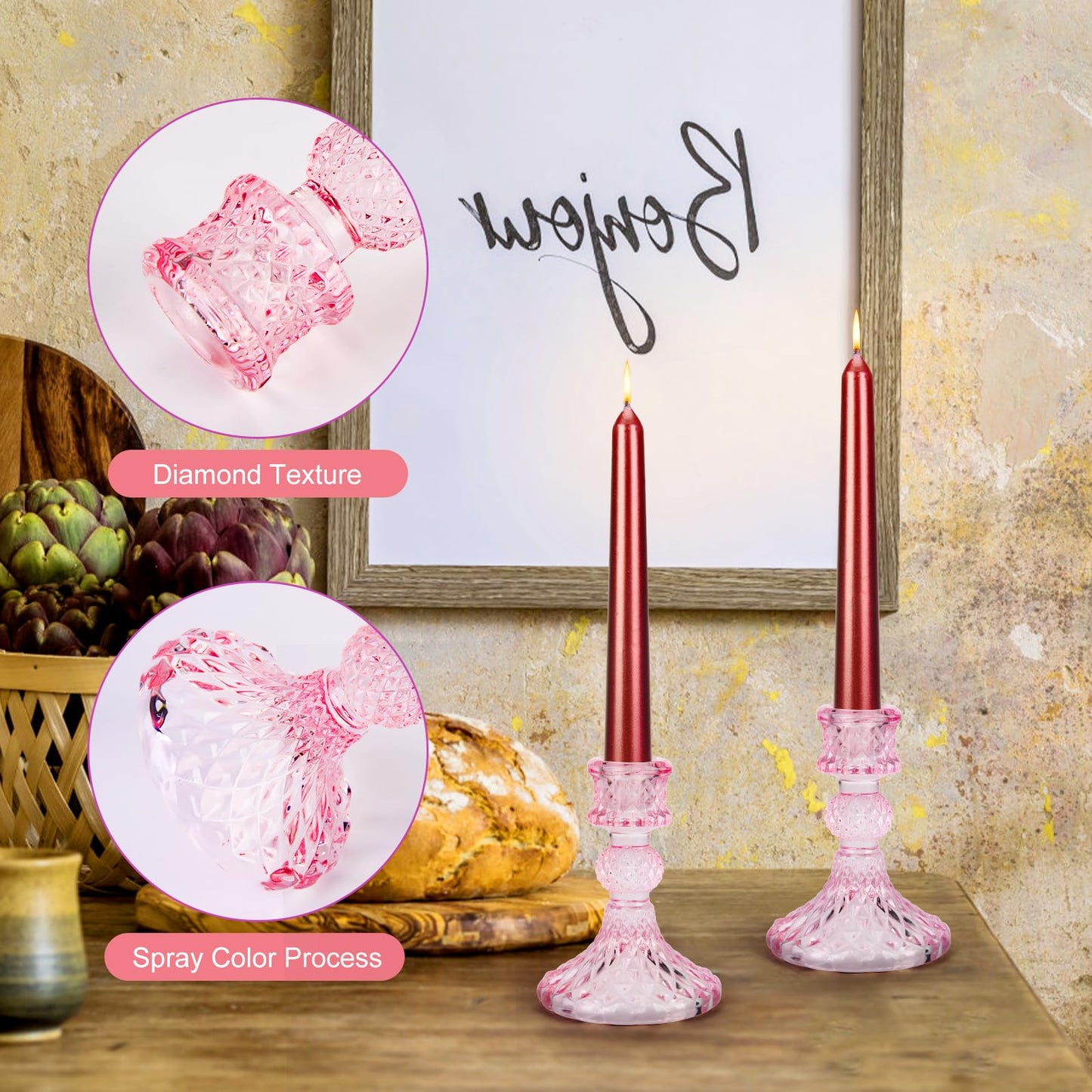 Glass Candle Holder, 2PCS Decorative Candle Sticks Pillar Candle Stand for Formal Events Wedding Party Table Centerpieces Home Decoration, Pink