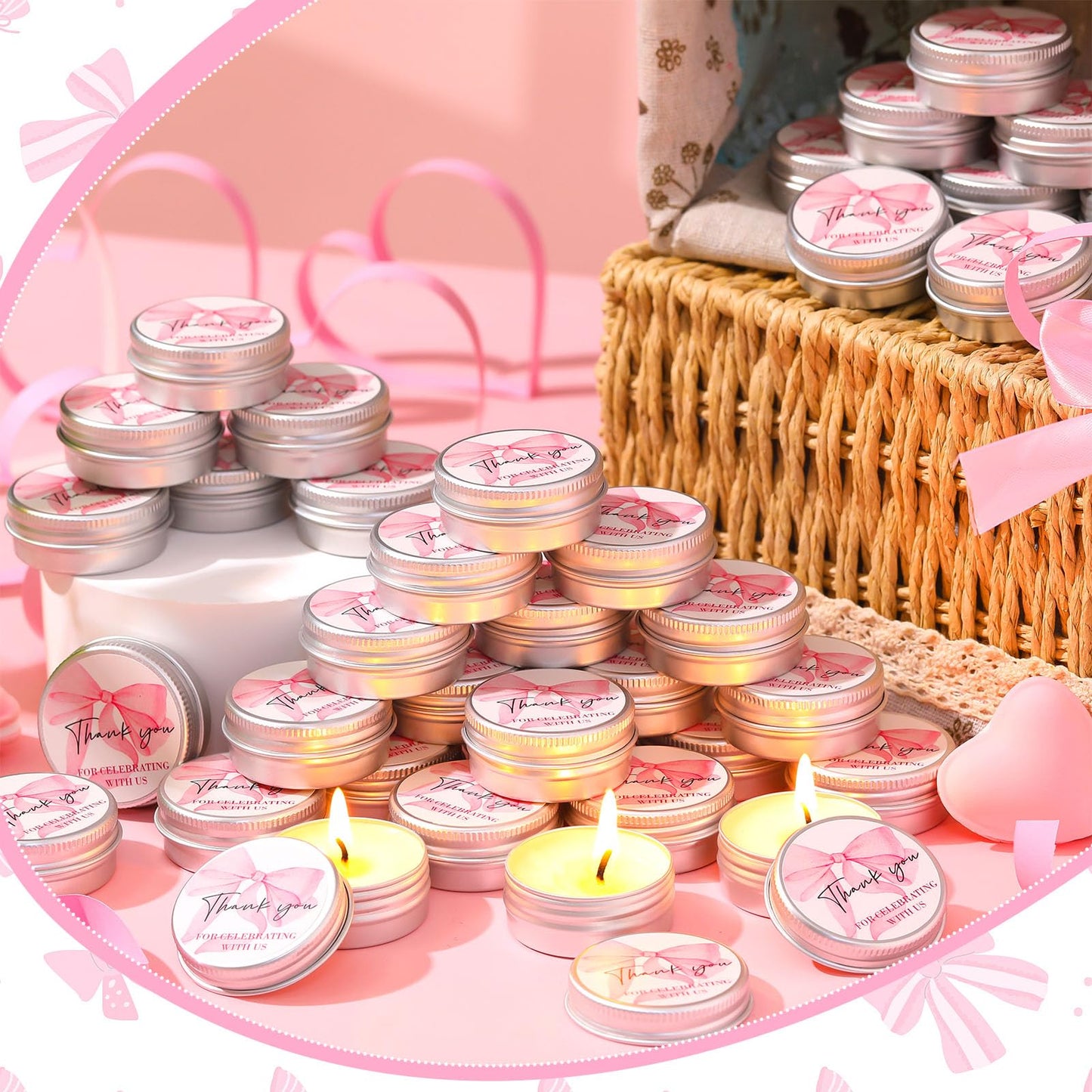 MTLEE 50 Pcs Bow Baby Shower Favors Scented Candles Gift Travel Tin Candle Aromatherapy Candle Favors for Baby Shower Wedding Gifts Compound Scent Essential Oil 1.57 x 0.67''