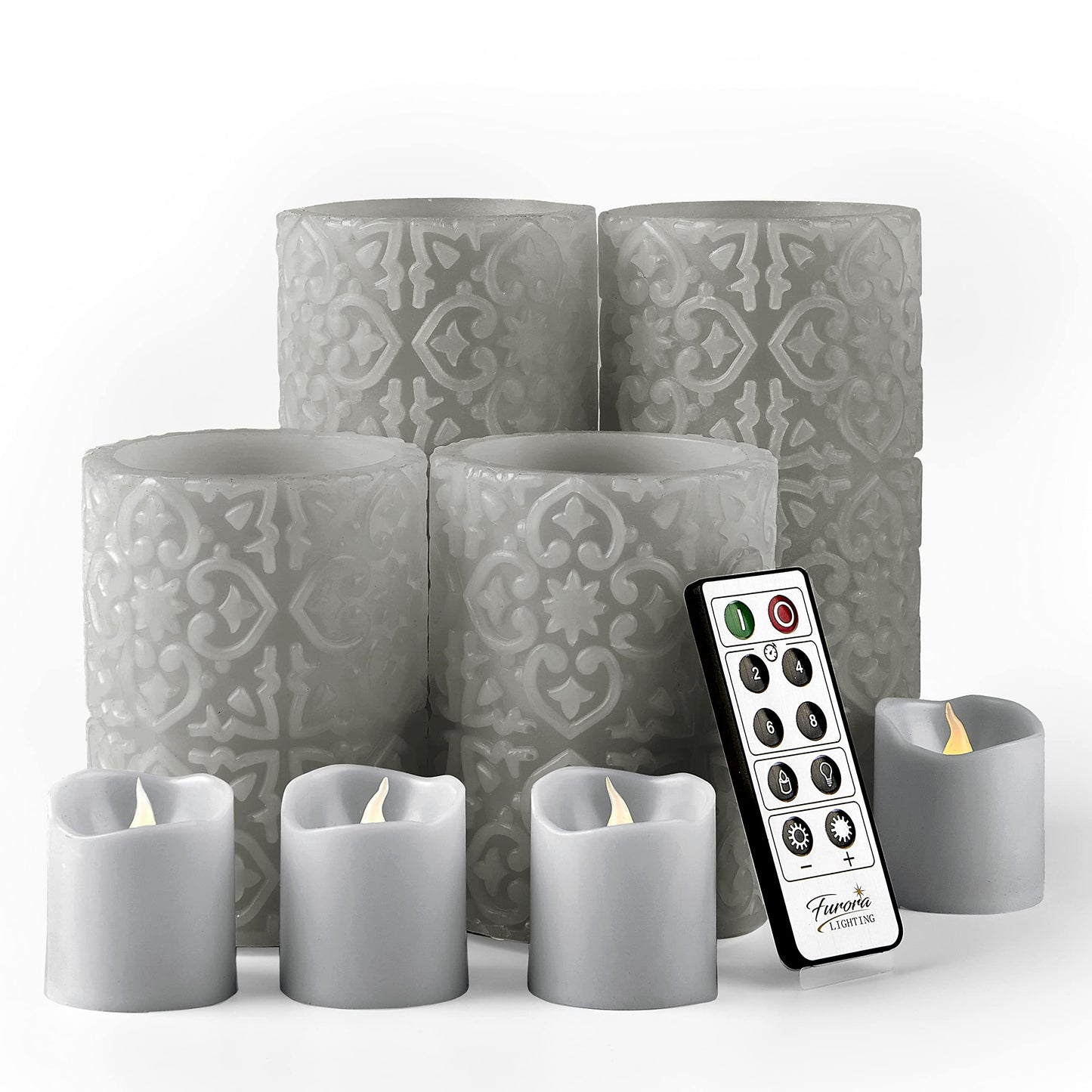 FURORA LIGHTING Grey Rome Flameless Candles - Real Wax, Adjustable Brightness, Remote & Timer - 4 Pillars (3x4, 3x6) and 4 Votives, 8-Pack, Battery Operated