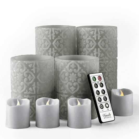 FURORA LIGHTING Grey Rome Flameless Candles - Real Wax, Adjustable Brightness, Remote & Timer - 4 Pillars (3x4, 3x6) and 4 Votives, 8-Pack, Battery Operated