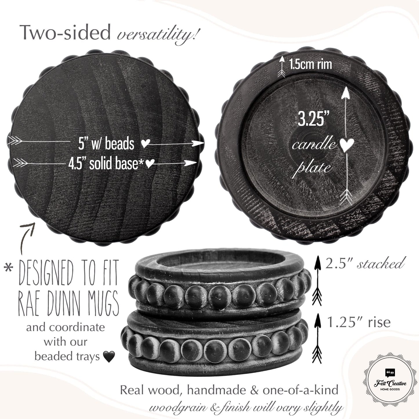 Felt Creative Home Goods Set of 2 Round Rustic Wood Beaded Risers - Sturdy 2-Sided Stackable Decor Pedestal Stands for Tiered Tray, Candle, Mug Display (Rustic Black, 5 inch)