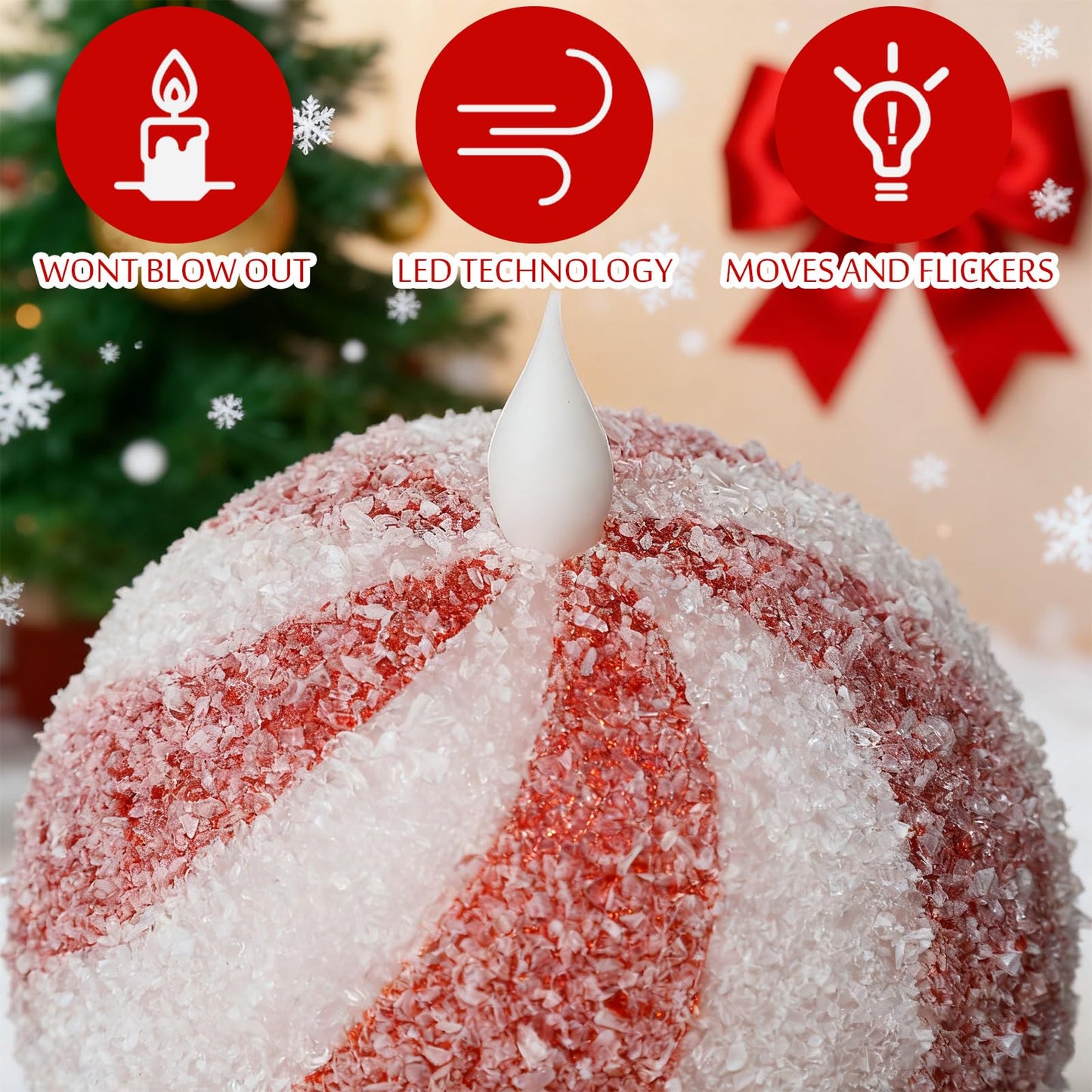 Baquler Set of 2 Christmas Candy Light Indoor Flameless Candles LED Candy Cane Light Xmas Red and White Glitter Ball Battery Operated Candles for Xmas Gift Holiday Party Room House Home Table Decor