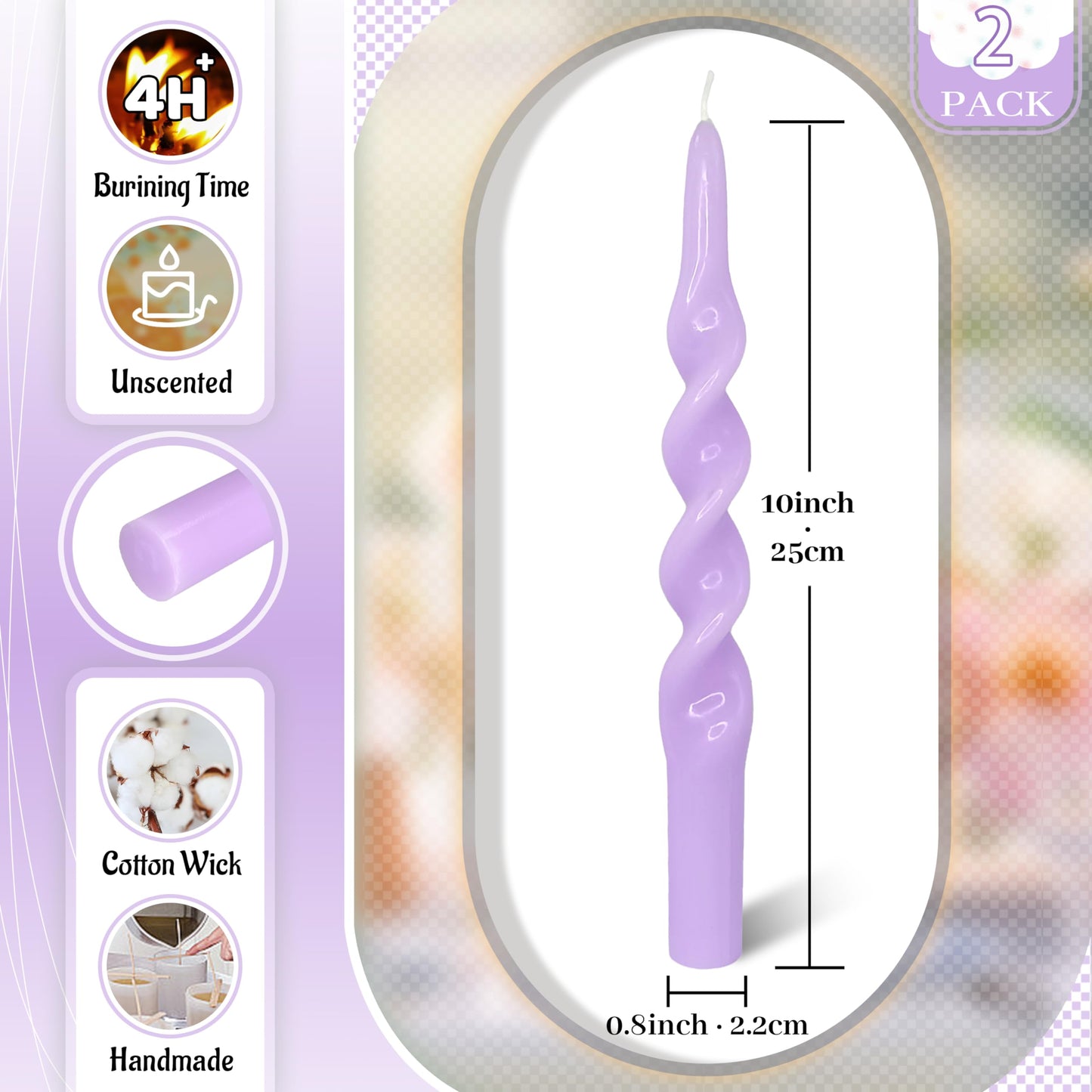 FLAMMUL Spiral Taper Candles Candlesticks - Twisted Candle Sticks 10 Inch Smokeless Taper Candles 2PCS Colored Candlesticks for Home Church Wedding(Purple)