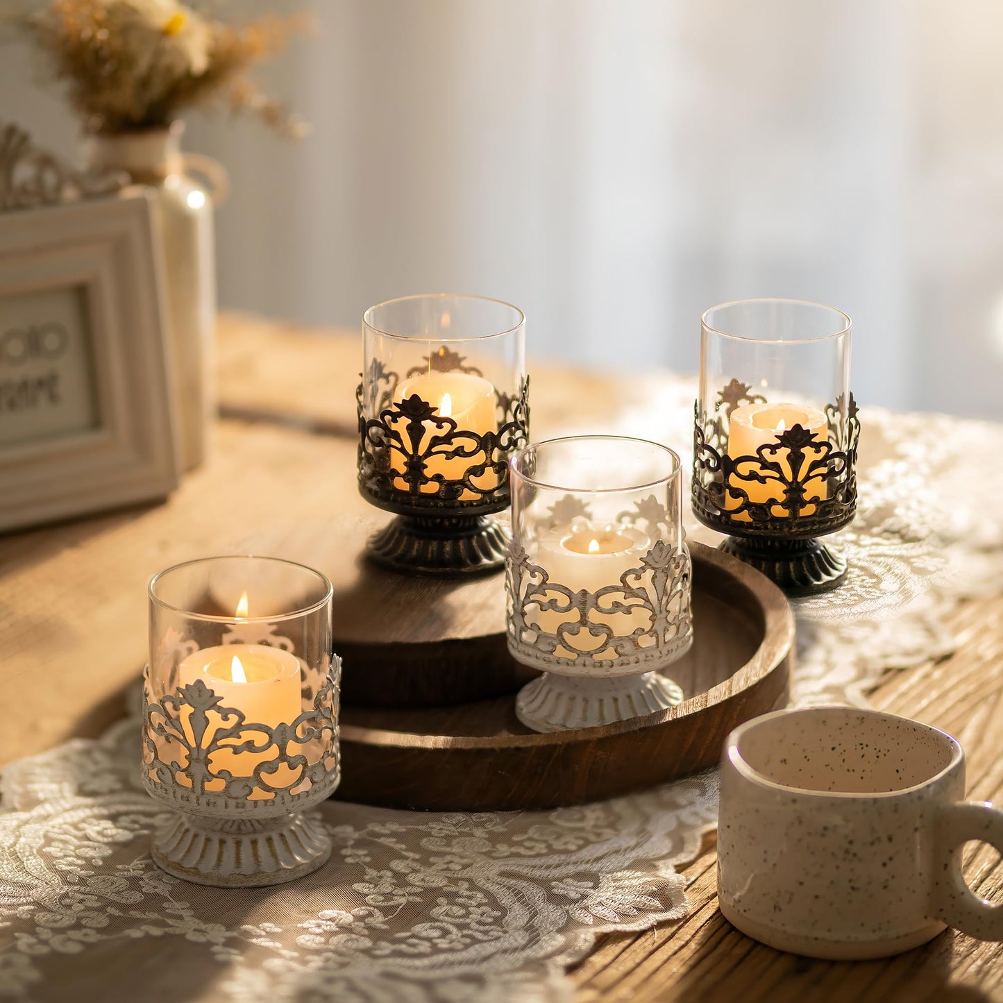Hanobe Round Wood Candle Trays: Rustic Candlestick Holder Tray Pillar Stand for Table Centerpiece - Farmhouse Coffee Table Decor for Living Room Kitchen Counter