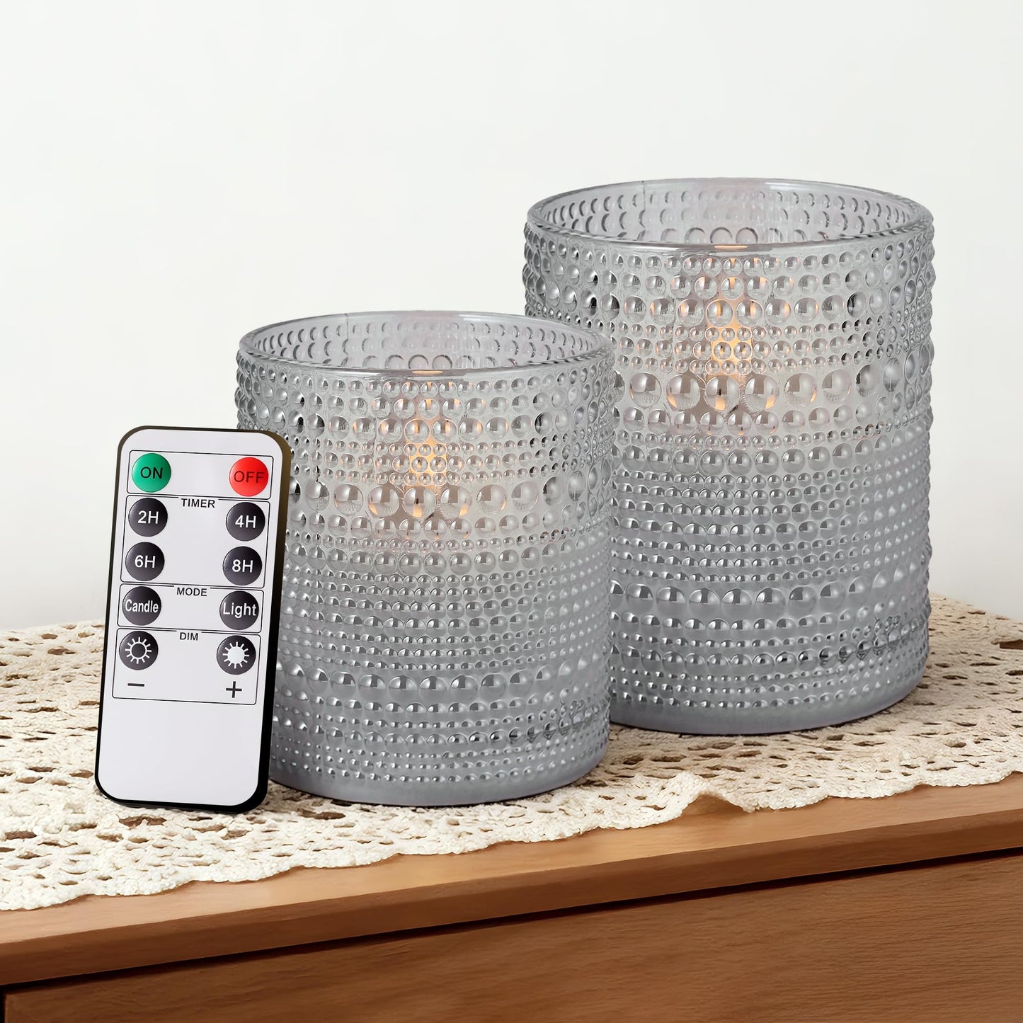 Velsyn Dotted Glass Flameless Candles with Remote Timer, Real Wax Battery Operated LED Pillar Candles with 3D Flickering Flame for Festival Wedding Home Party Decor, 3" x 4", 4" x 5", Set of 2 (Gray)