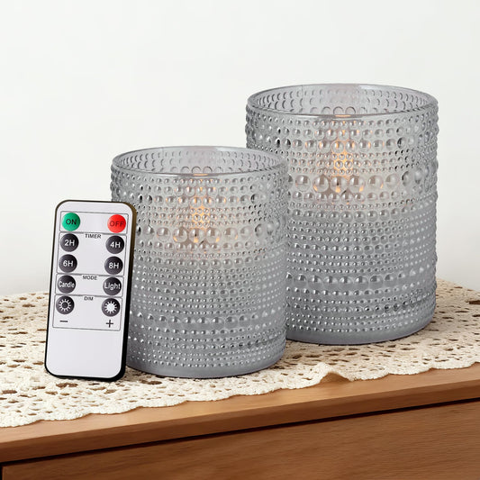 Velsyn Dotted Glass Flameless Candles with Remote Timer, Real Wax Battery Operated LED Pillar Candles with 3D Flickering Flame for Festival Wedding Home Party Decor, 3" x 4", 4" x 5", Set of 2 (Gray)