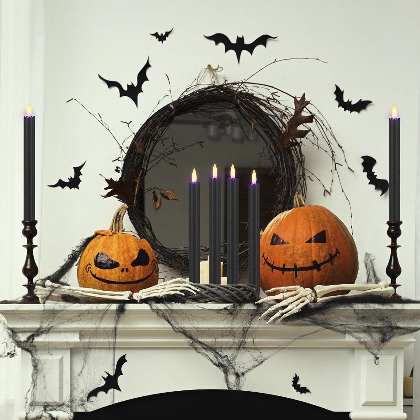 AFINETH Black Flameless Taper Candles with Remote, 9.6" Halloween Battery Operated Candles 3D Wick, 6 Pack Real Wax Led Candlesticks Flickering Electric Candle for Halloween, Home, Party Decor