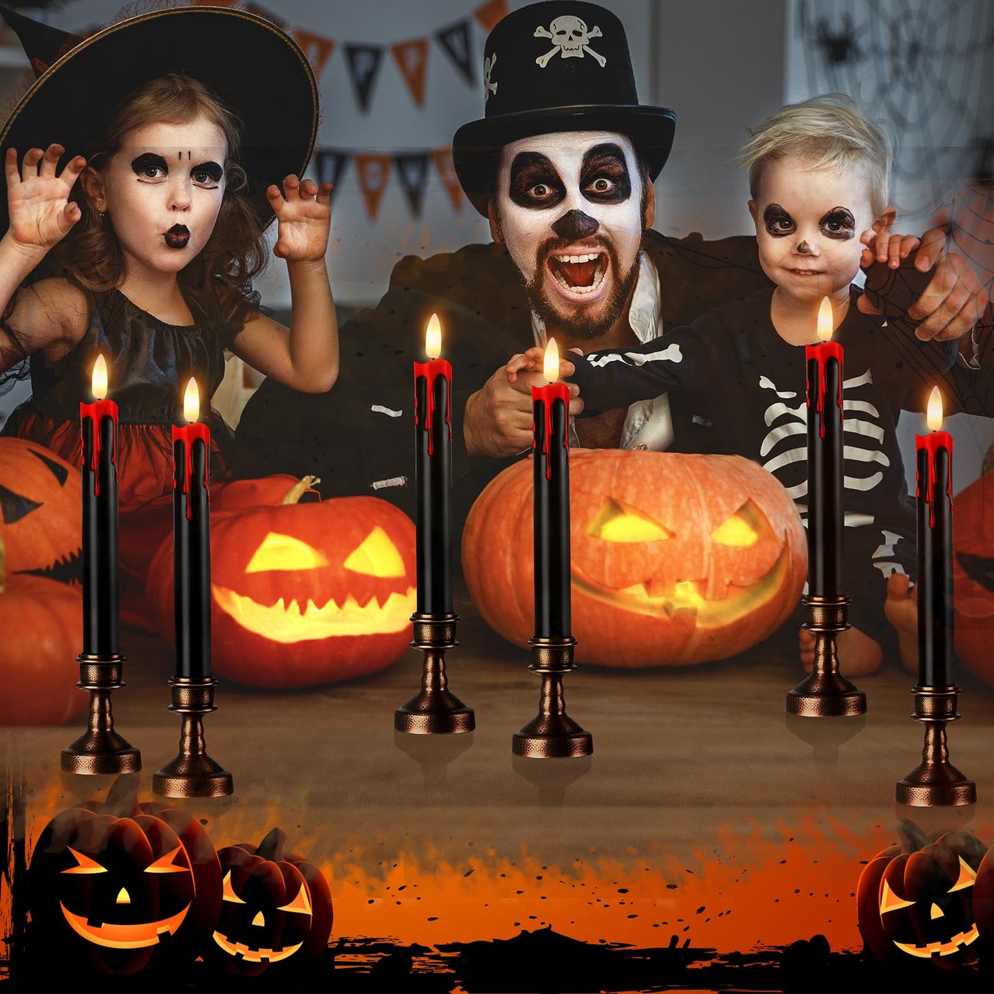 Sratte 6 Sets Halloween Blood Dripping Candle Decoration Led Flameless Candle with Candlestick Holder and Remote Battery Operate Vampire Tears Scary Creepy Decor for Indoor Home (Brown Holder)