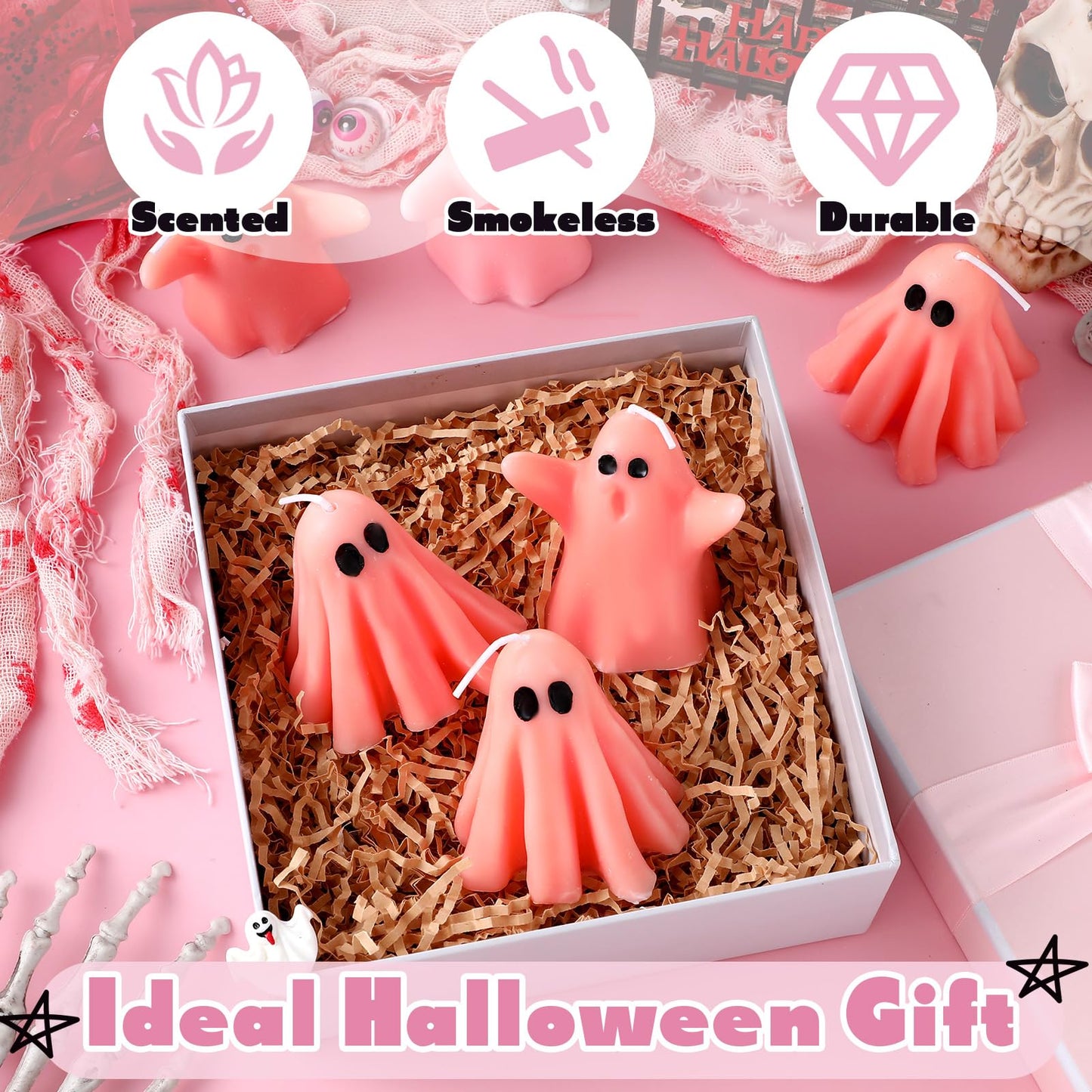 Conelist 6 Pieces Halloween Large Ghost Candles White Spooky Scented Halloween Candles Horror Gifts Candle Tea Lights Goth Room Decor for Summer Dining Table Party Bedroom(Pink Style,Pink)
