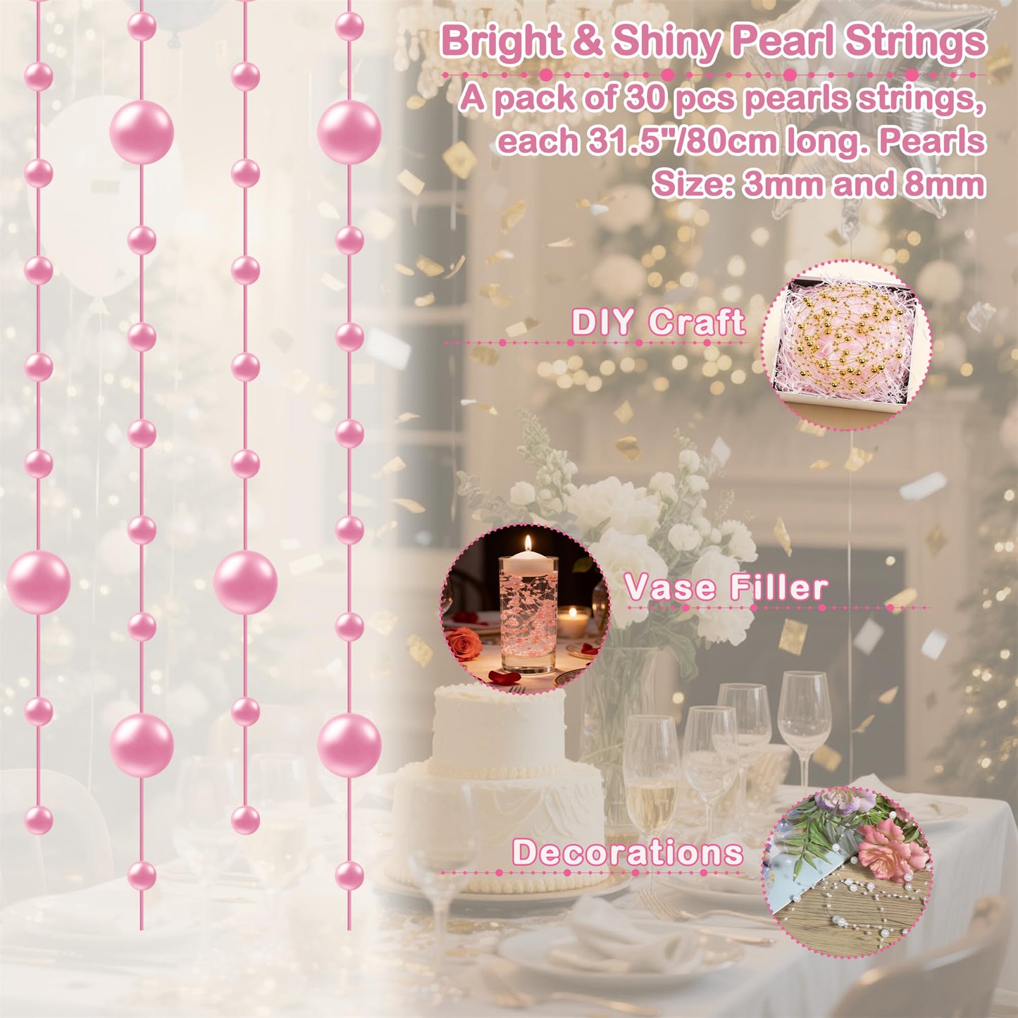 YATOJUZI 30 PCS Artificial Pearl String Pink Vase Filler Floating Pearls for Vases Centerpieces Faux Pearl Beads String Decorations Wedding Holiday Party Decor