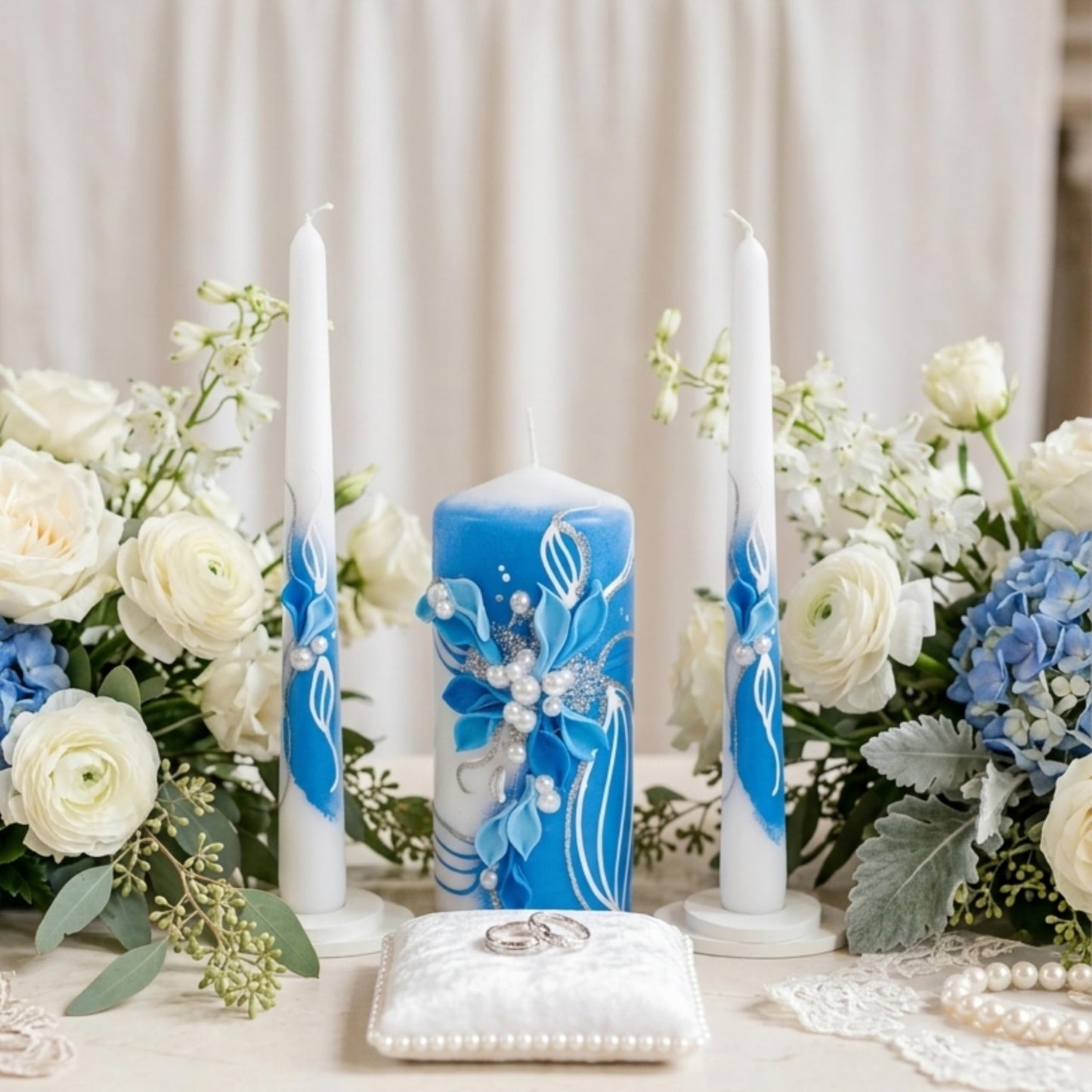 Magik Life Unity Candle Set - Wedding Ceremony & Reception – 6” Pillar & Two 10” Taper Candles – Long Burning Unity Candles for Marriage Ritual – Handmade in USA –White | Royal Blue
