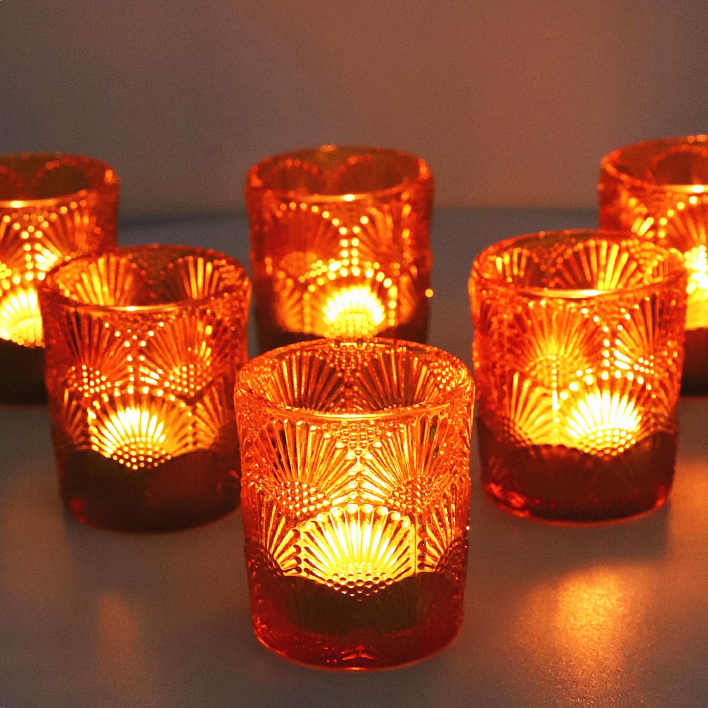 Woho 12Pcs Amber Votive Candle Holders, Glass Amber Candle Holder for Fall Wedding, Boho Tea Lights Candle Holder for Halloween Thanksgiving Centerpieces Table Decoration