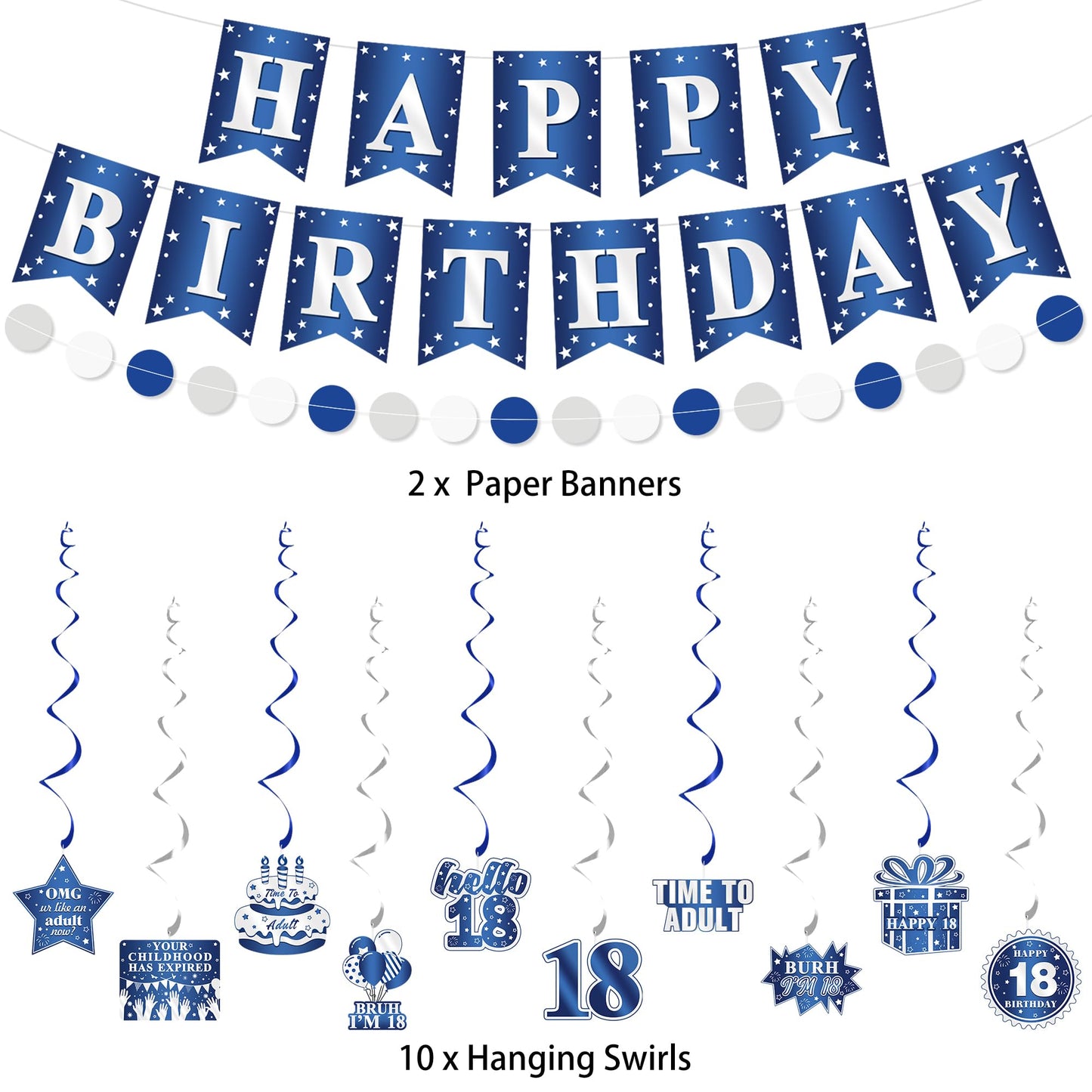Vlipoeasn 18th Birthday Decorations Set for Boys, Blue Silver 18 Year Old Birthday Banner, Paper Fans,Bruh I'm 18 Party Supplies