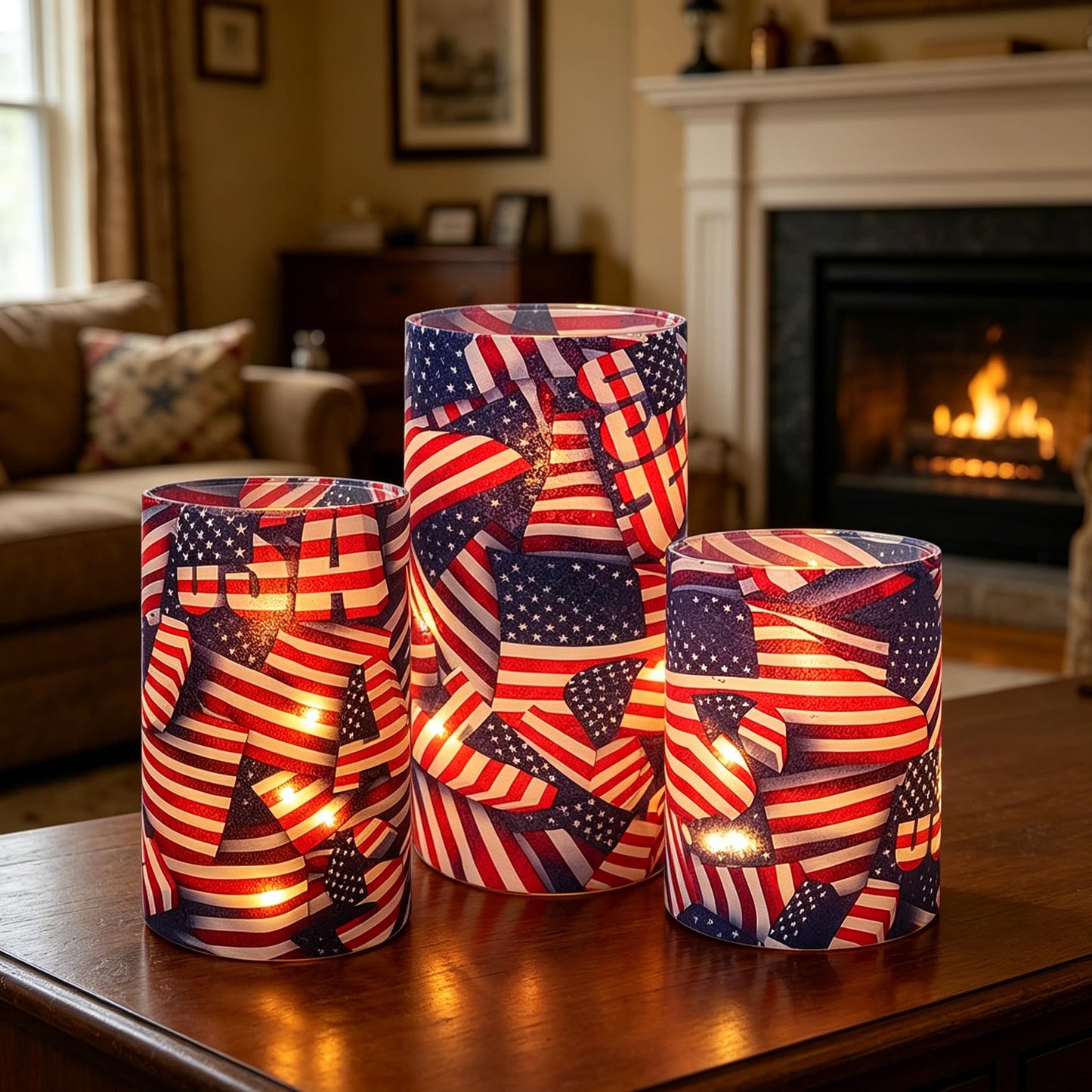 Independence Day Patriot Flickering Flameless Candles US Flag, Embedded Star String Lights, Battery Operated Acrylic LED Pillar Candles with 11-Key Remote and Timer for Home Decoration, 3 Pack