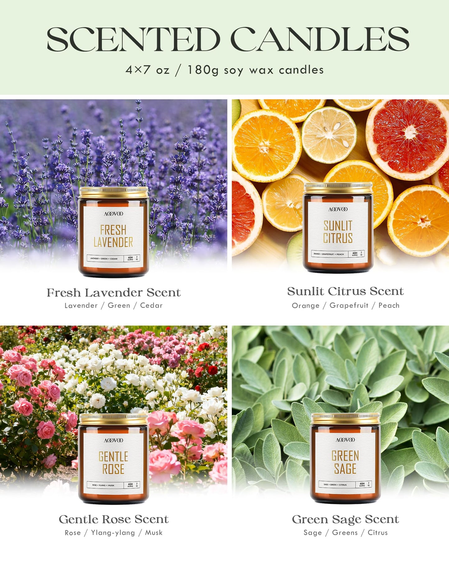 AOOVOO Candle Set - 4PC Scented Candles, 28 oz Soy Candles, Soy Candle for Home Scented, Lavender/Citrus/Rose/Sage