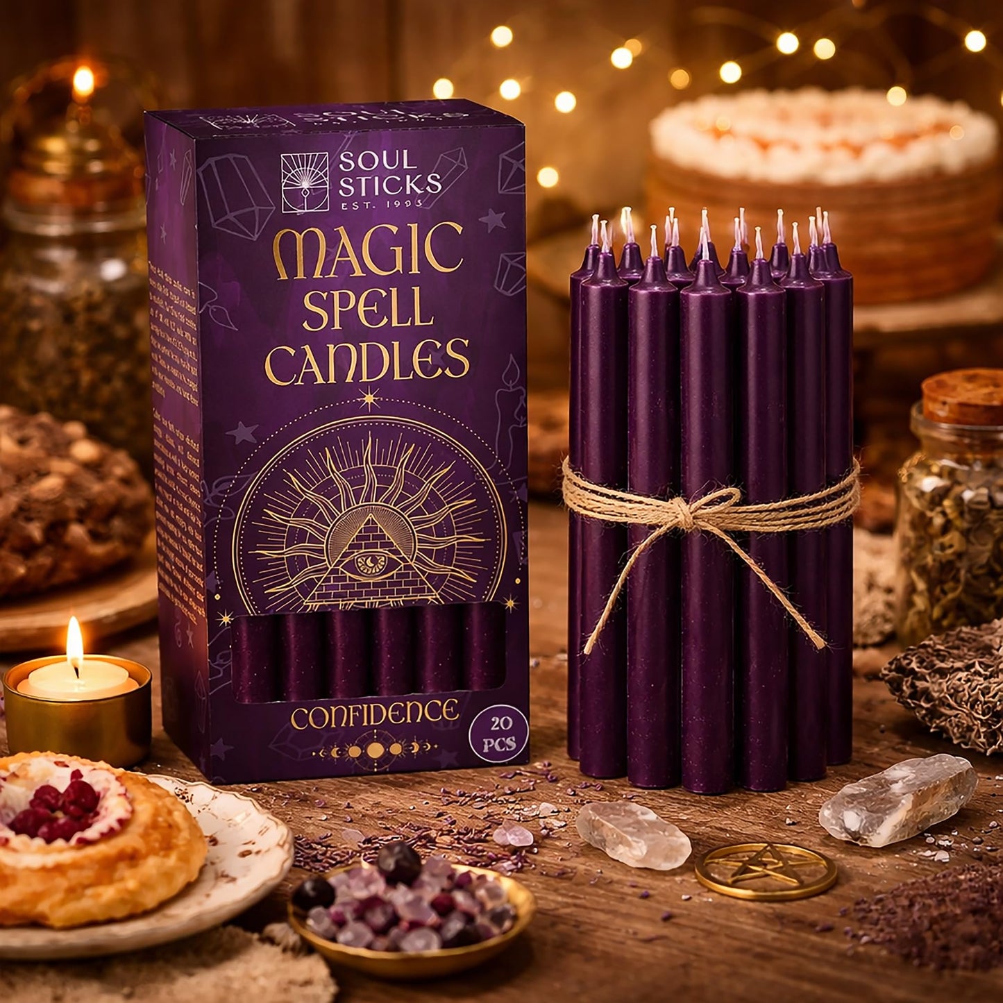SOUL STICKS Confidence Magic Spell Color Chime Candles 20 Pack - Ideal for Altar, Rituals, Ceremonies, Meditation Purple Taper Candle for Witchcraft Supplies, Wiccan Supplies, Candles Clearance