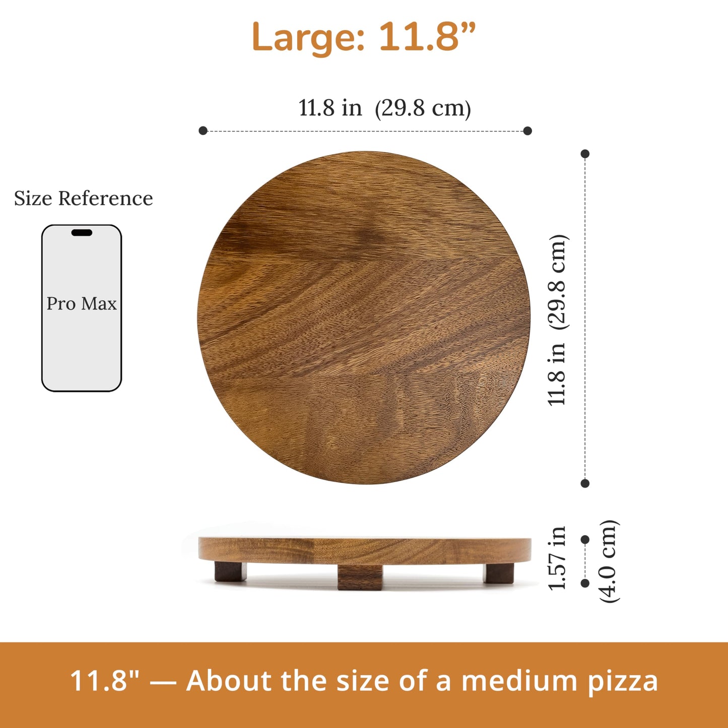 Zurklulu Round 11.8" Acacia Wood Decorative Tray – Farmhouse Wood Riser Pedestal Stand for Kitchen and Bathroom Decor, Counter Display, Vanity Tray (Large, 11.8" Dia)