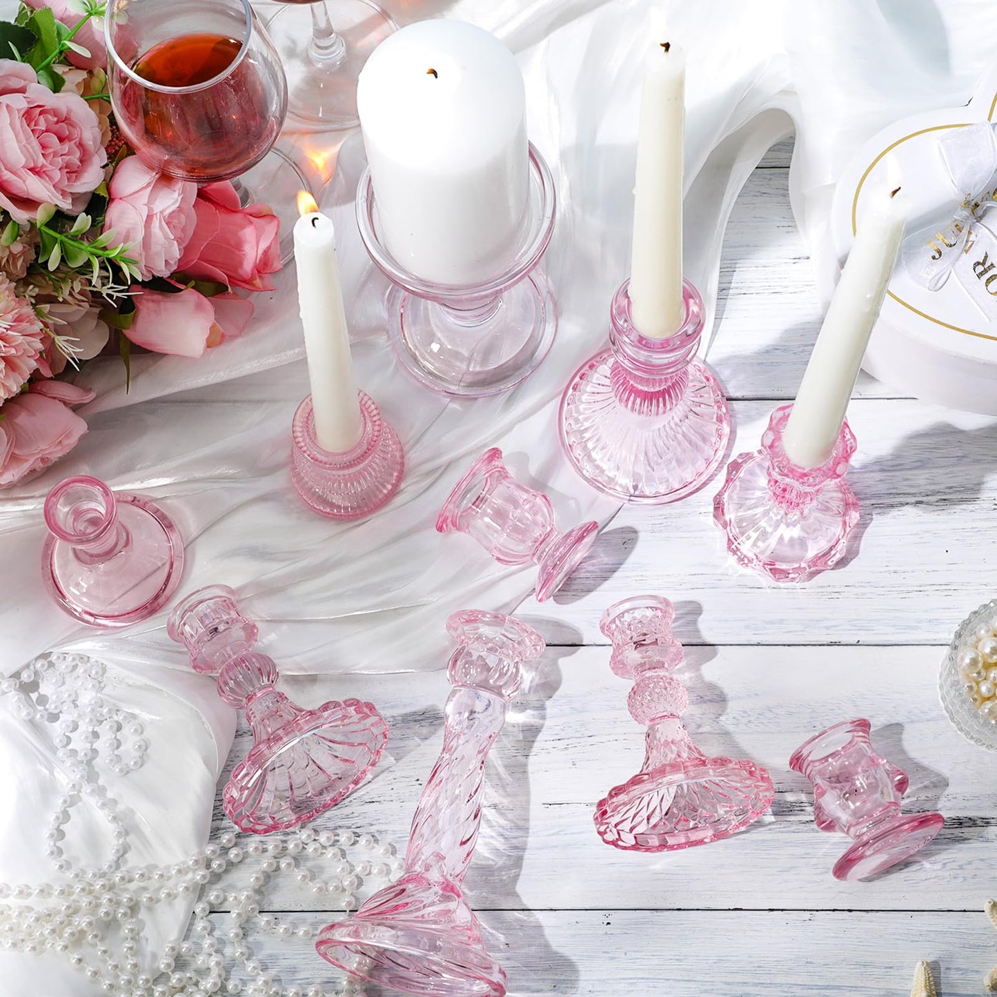 Mumufy 10 Pcs Glass Crystal Taper Candle Holders Clear Glass Candlestick Holder Fit 0.8 Inch Candles Crystal Decorative Candle Stand Centerpiece Table Wedding Dining Party (Classic,Pink)
