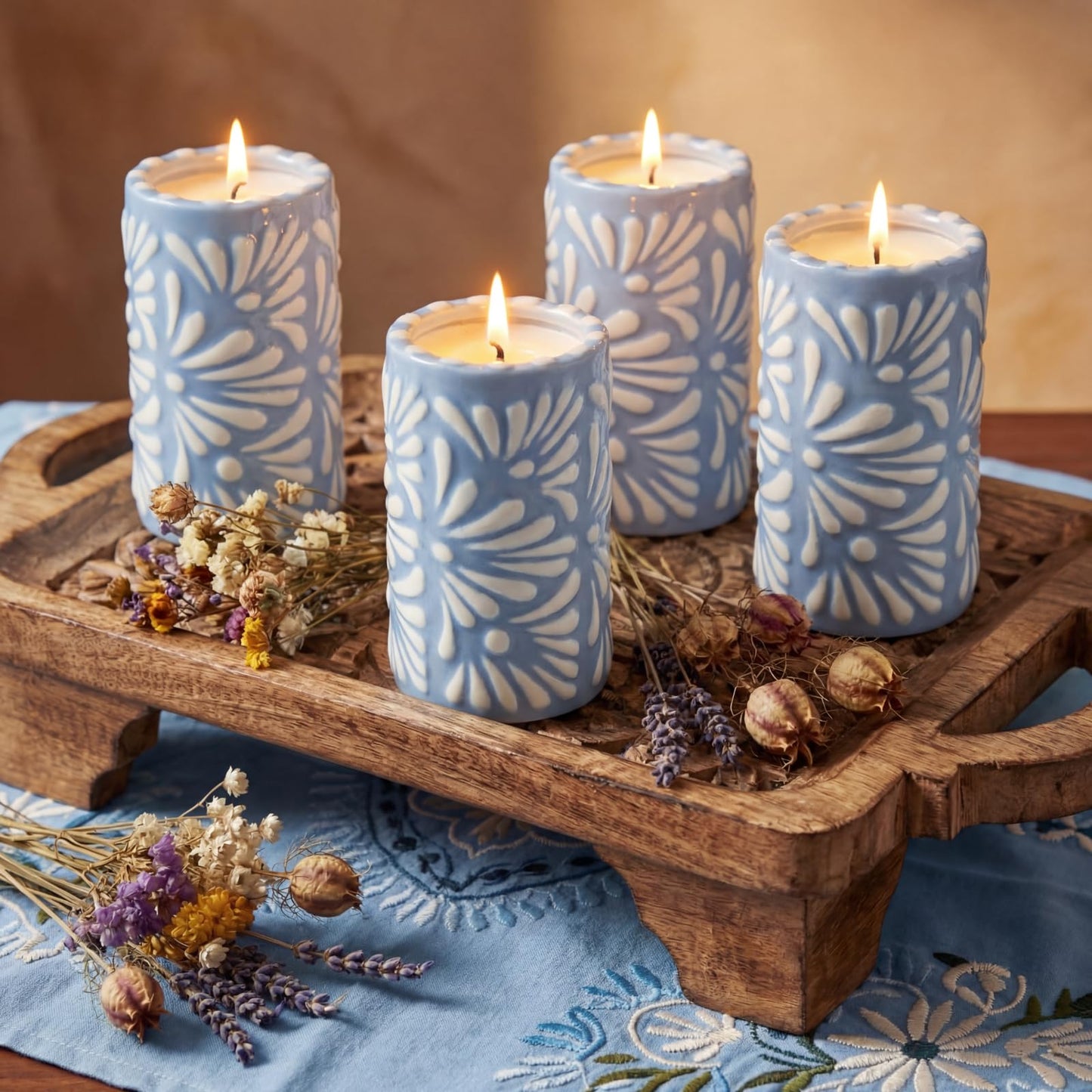 Lounsweer 4 Set Cielito Lindo Party Decorations Mexican Tequila Candle Talavera Mugs Candle for Fiesta Cinco De Mayo Birthday Bridal Shower Bachelorette May 5th Party Home Decor(Blue)
