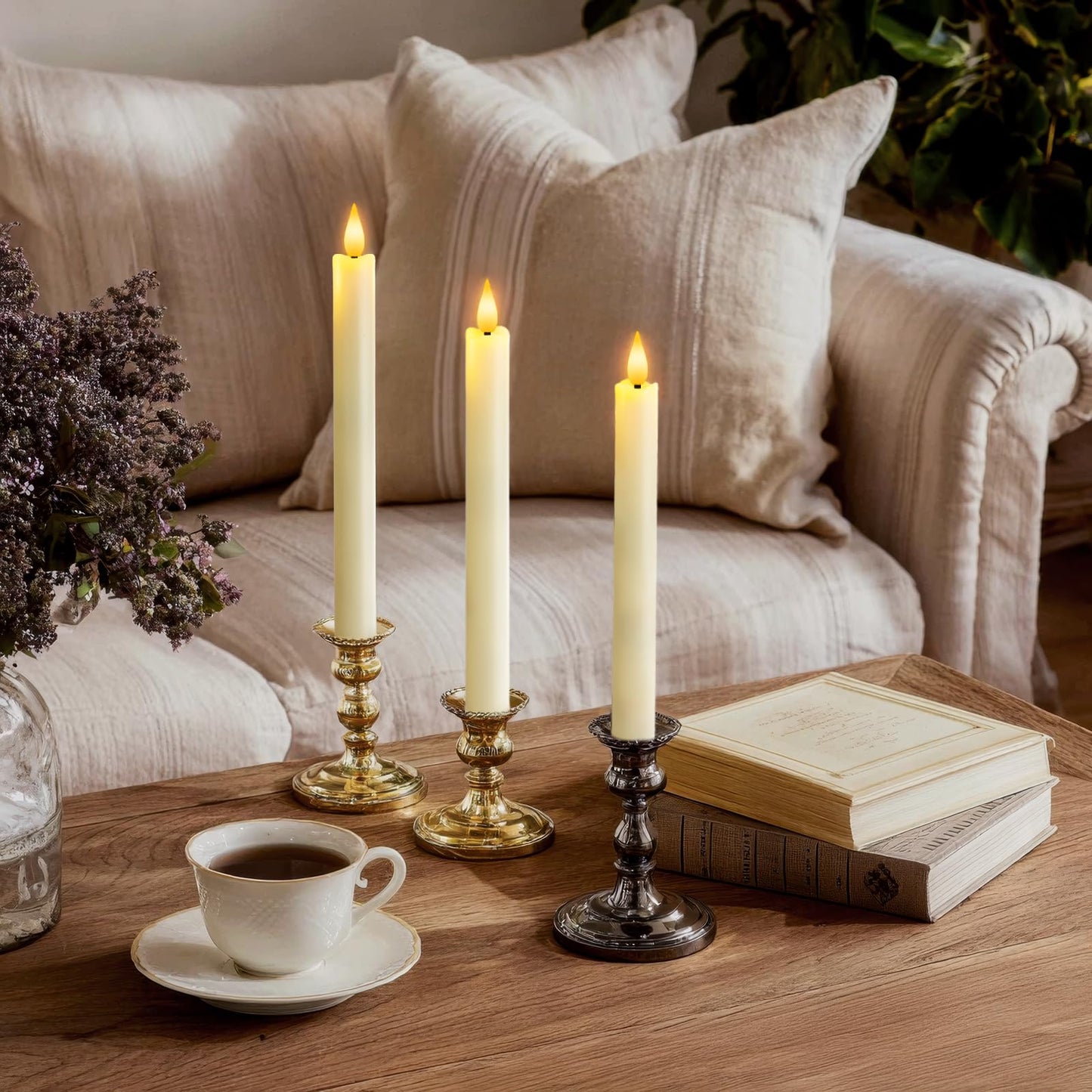 Meigic 6 Pcs Flameless Taper Candles with Remote Timer Dimmer, 9.6 inches Ivory Plastic LED Candlesticks, Battery Operated LED Candles, for Indoor Home Wedding Christmas Decoration