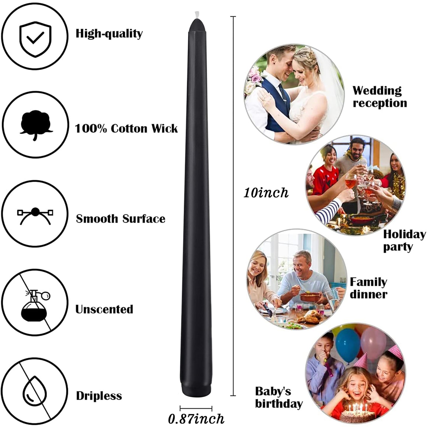 8 Pack 10 Inch Black Taper Candle Set, 7/8 Inch Unscented Driples Candlesticks for Home Decoration, 6-7 Hours Burn