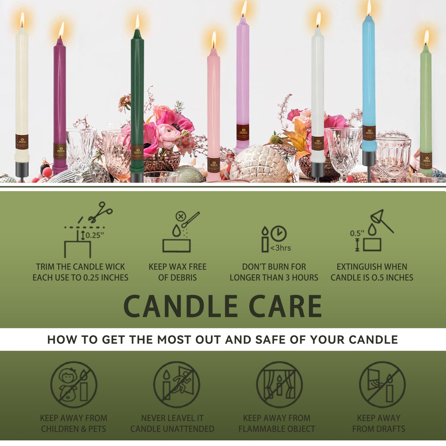 Olive Green Taper Candle 10 Inch Long Candlesticks Unscented Dripless Tapered Candle Set for Home Decor Wedding Party Dinner Candles, 4 Pack
