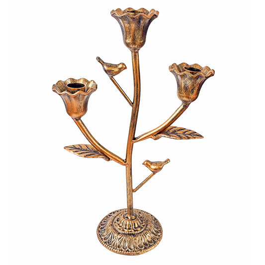 Candle Holder Vintage Candlestick Holder Stand for Stick Taper Candle, 3-Arm Cast Iron Candelabra for Wedding Centerpiece Table Decorations Fireplace Mantel Decor, Antique Gold